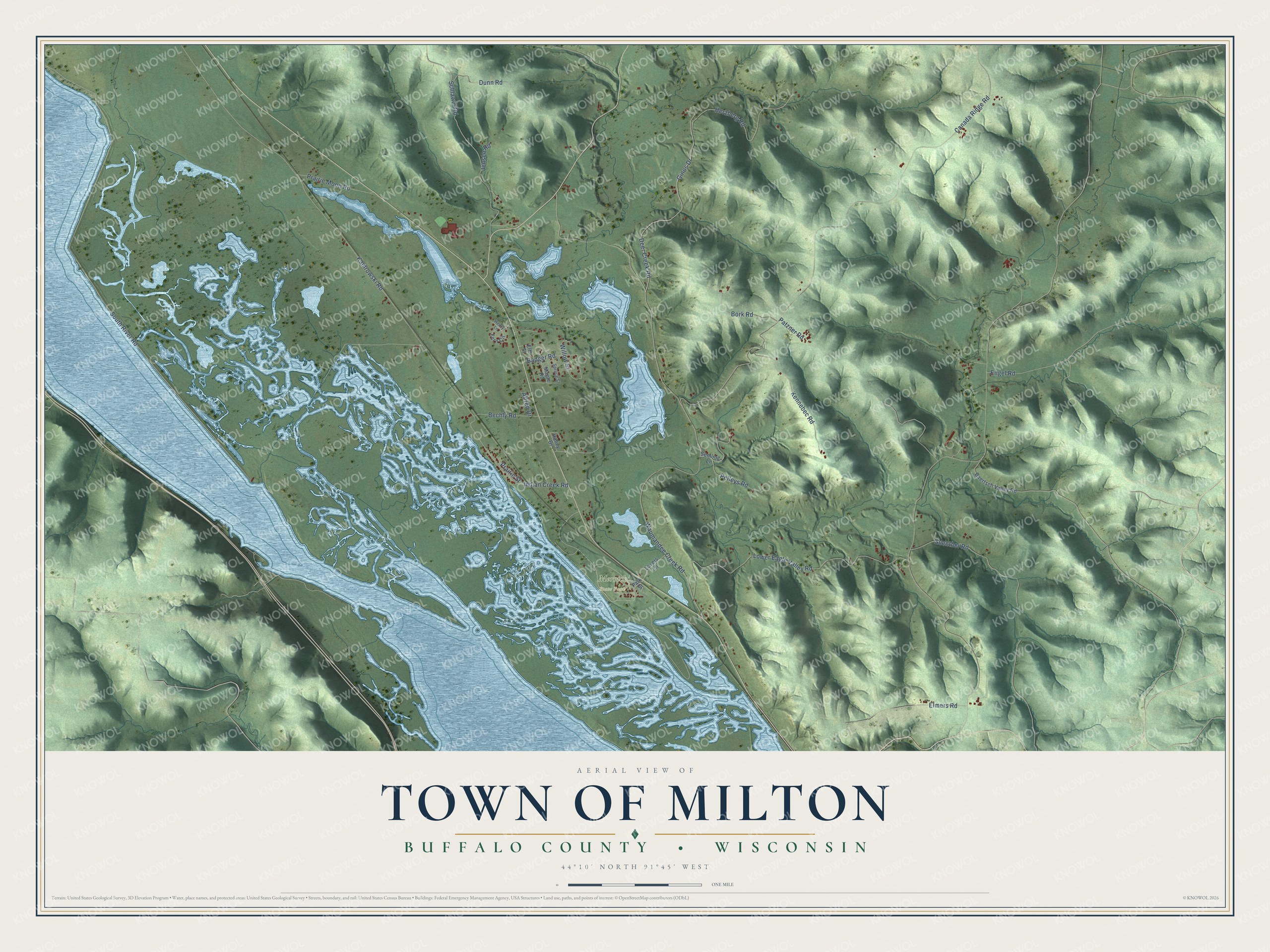 Full map of Milton, Wisconsin, with red buildings, printed street names and the land around them