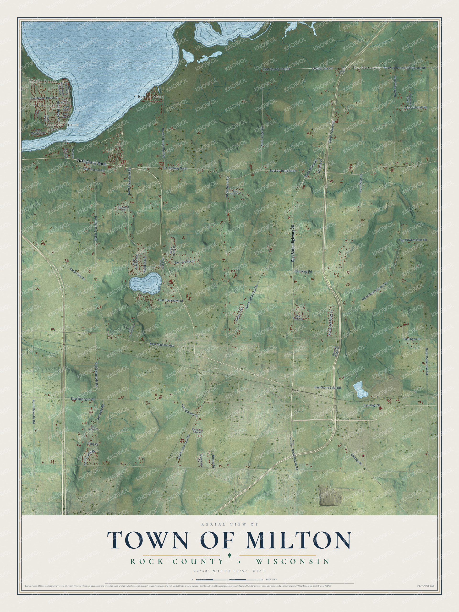 Full map of Milton, Wisconsin, with red buildings, printed street names and the land around them
