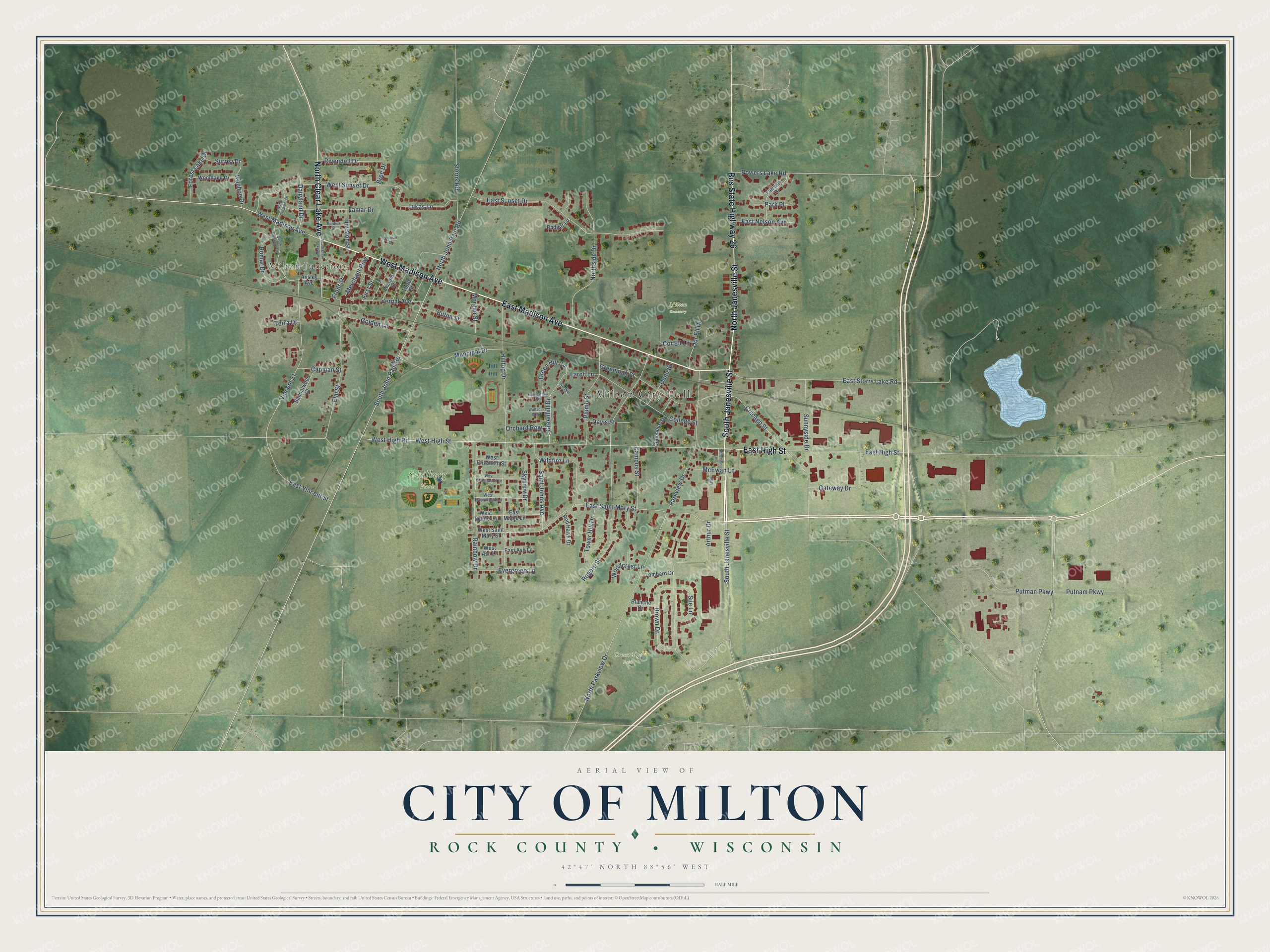 Full map of Milton, Wisconsin, with red buildings, printed street names and the land around them