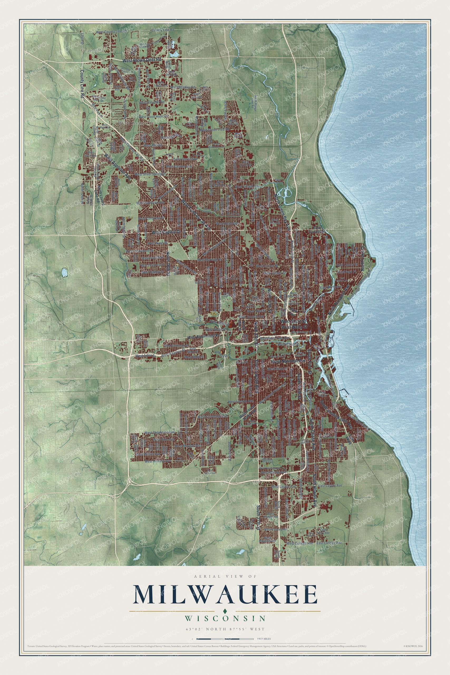 Full map of Milwaukee, Wisconsin, with red buildings, printed street names and the land around them