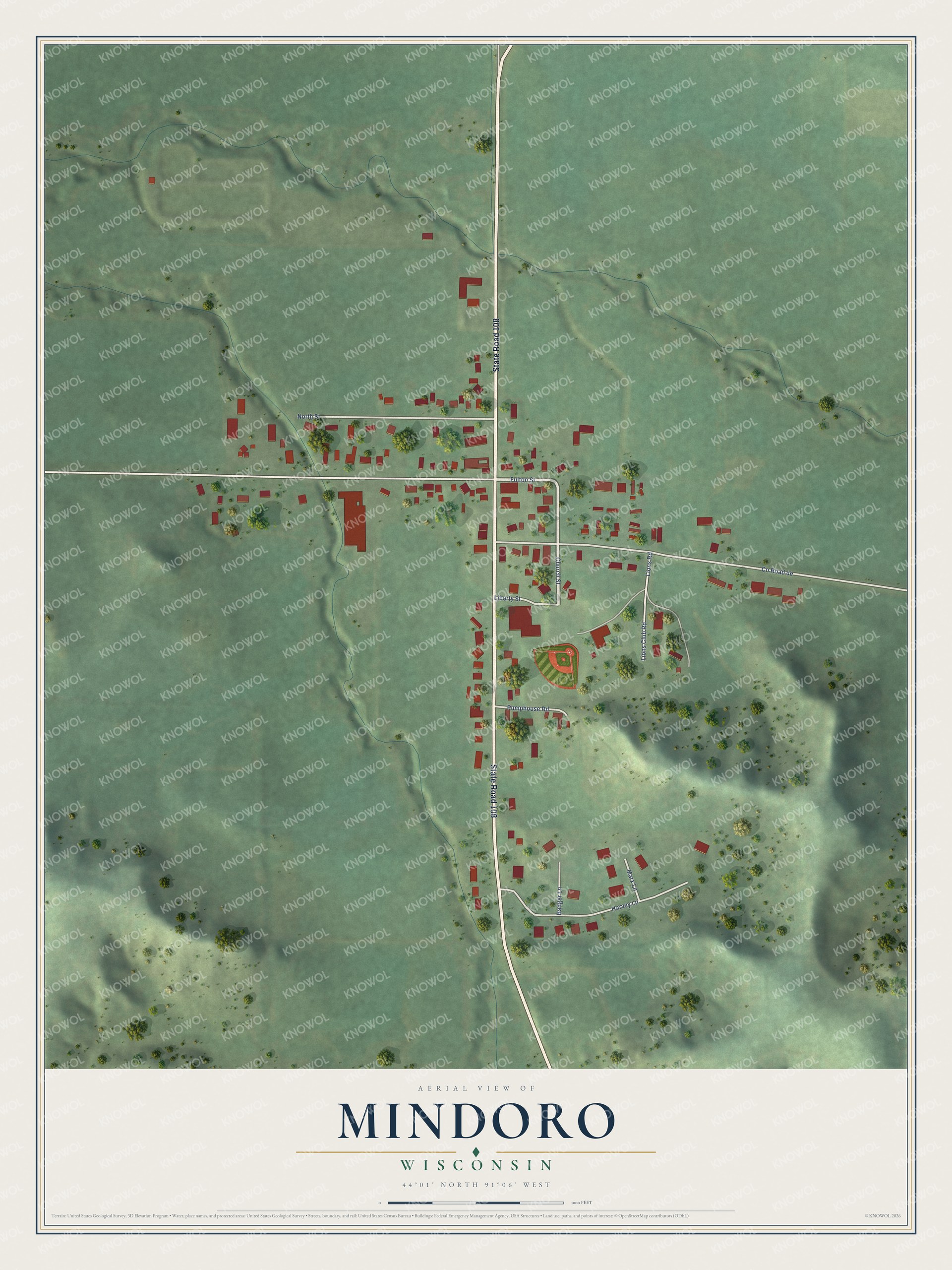 Full map of Mindoro, Wisconsin, with red buildings, printed street names and the land around them