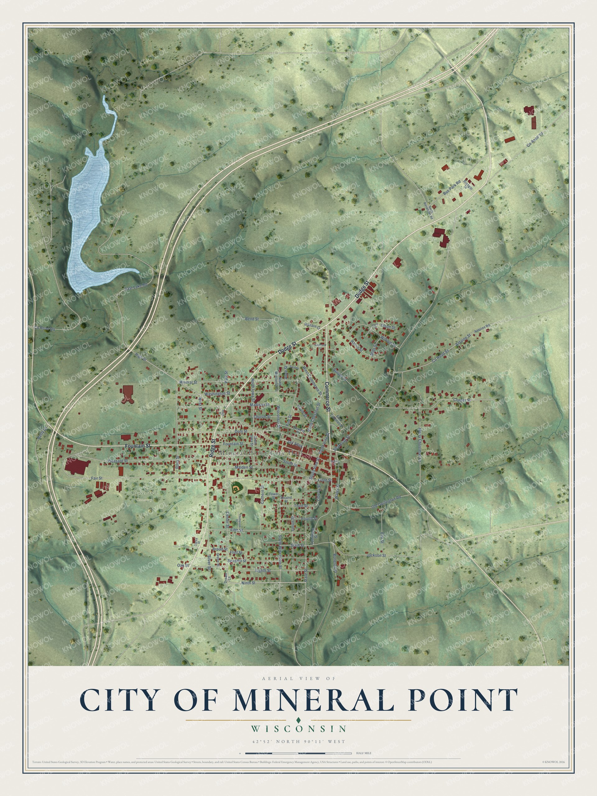 Full map of Mineral Point, Wisconsin, with red buildings, printed street names and the land around them