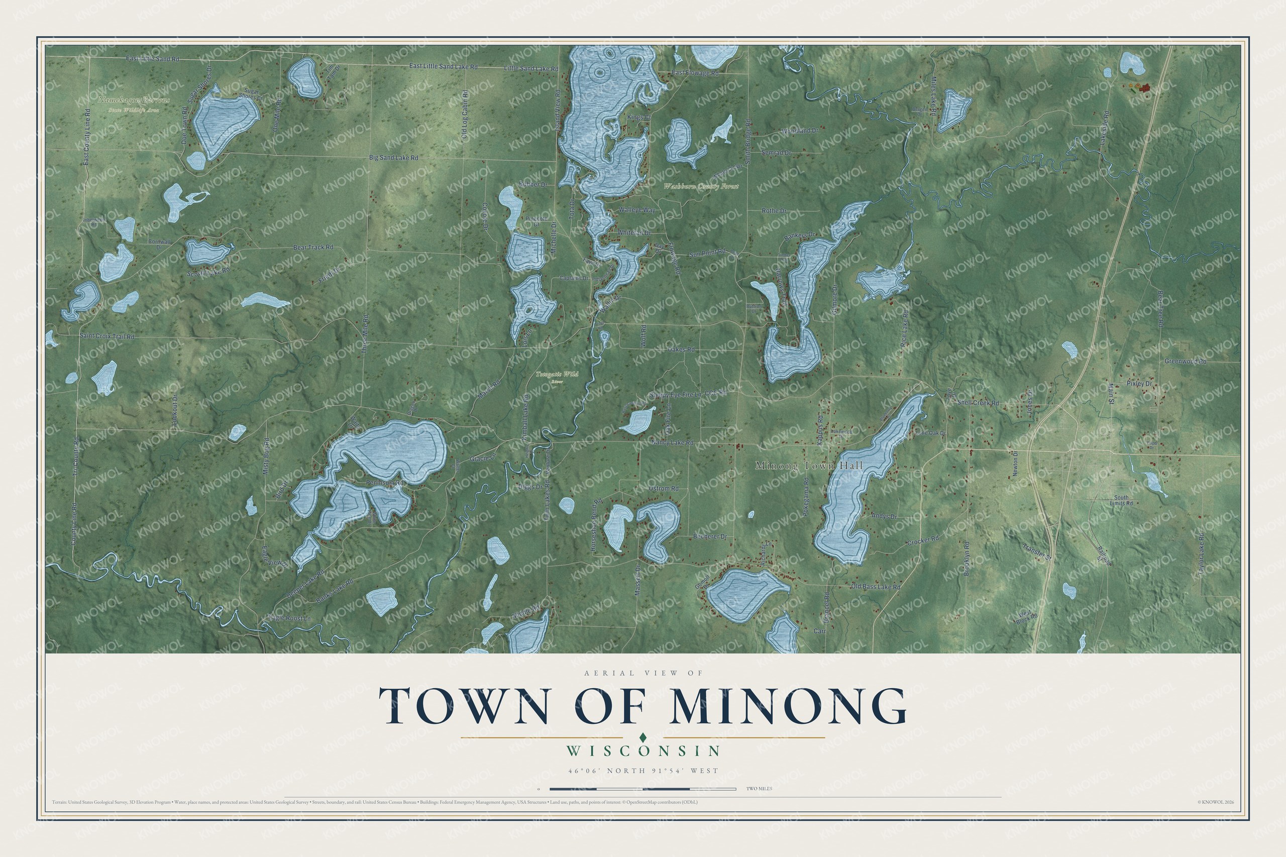 Full map of Minong, Wisconsin, with red buildings, printed street names and the land around them
