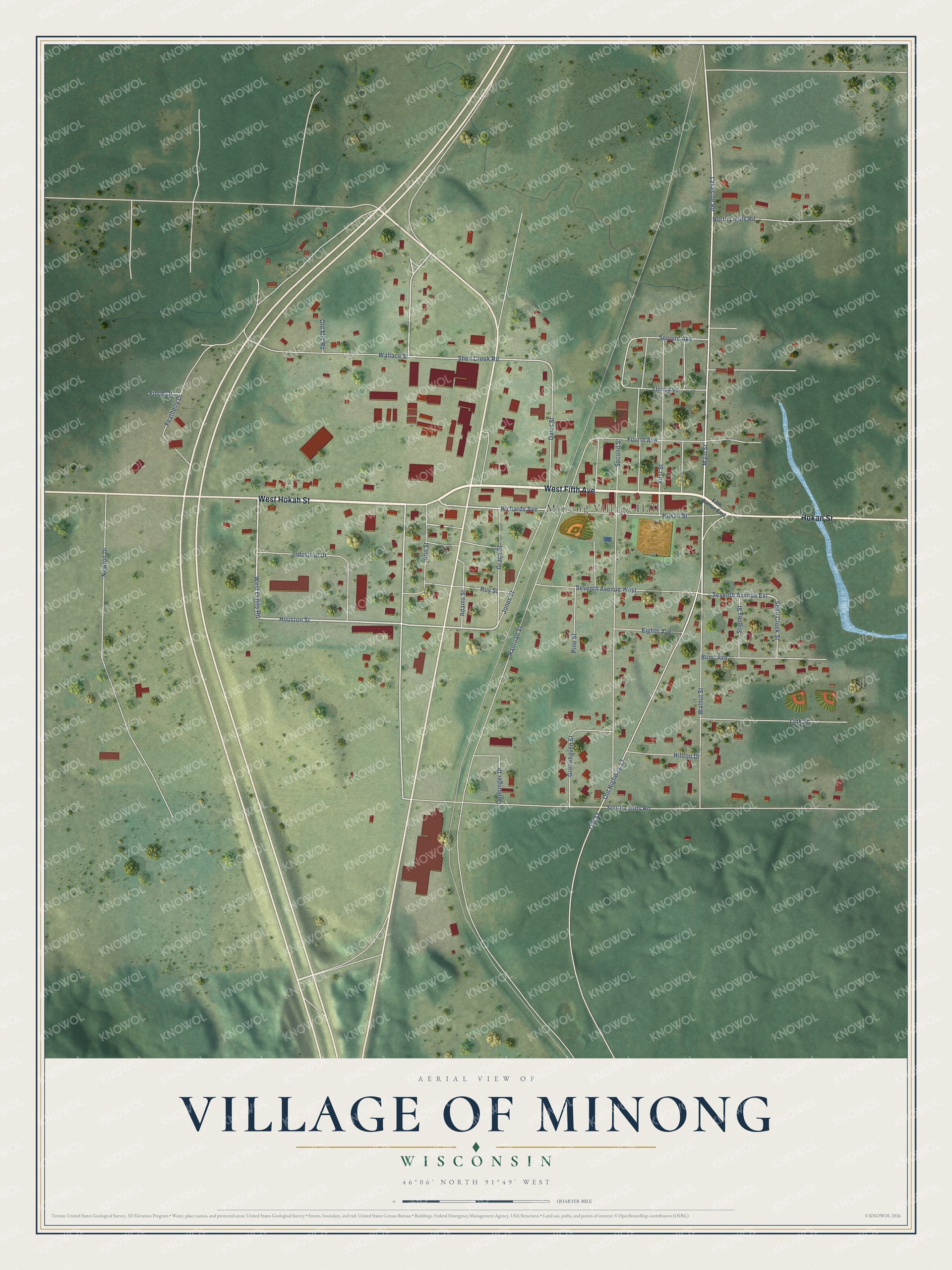 Full map of Minong, Wisconsin, with red buildings, printed street names and the land around them