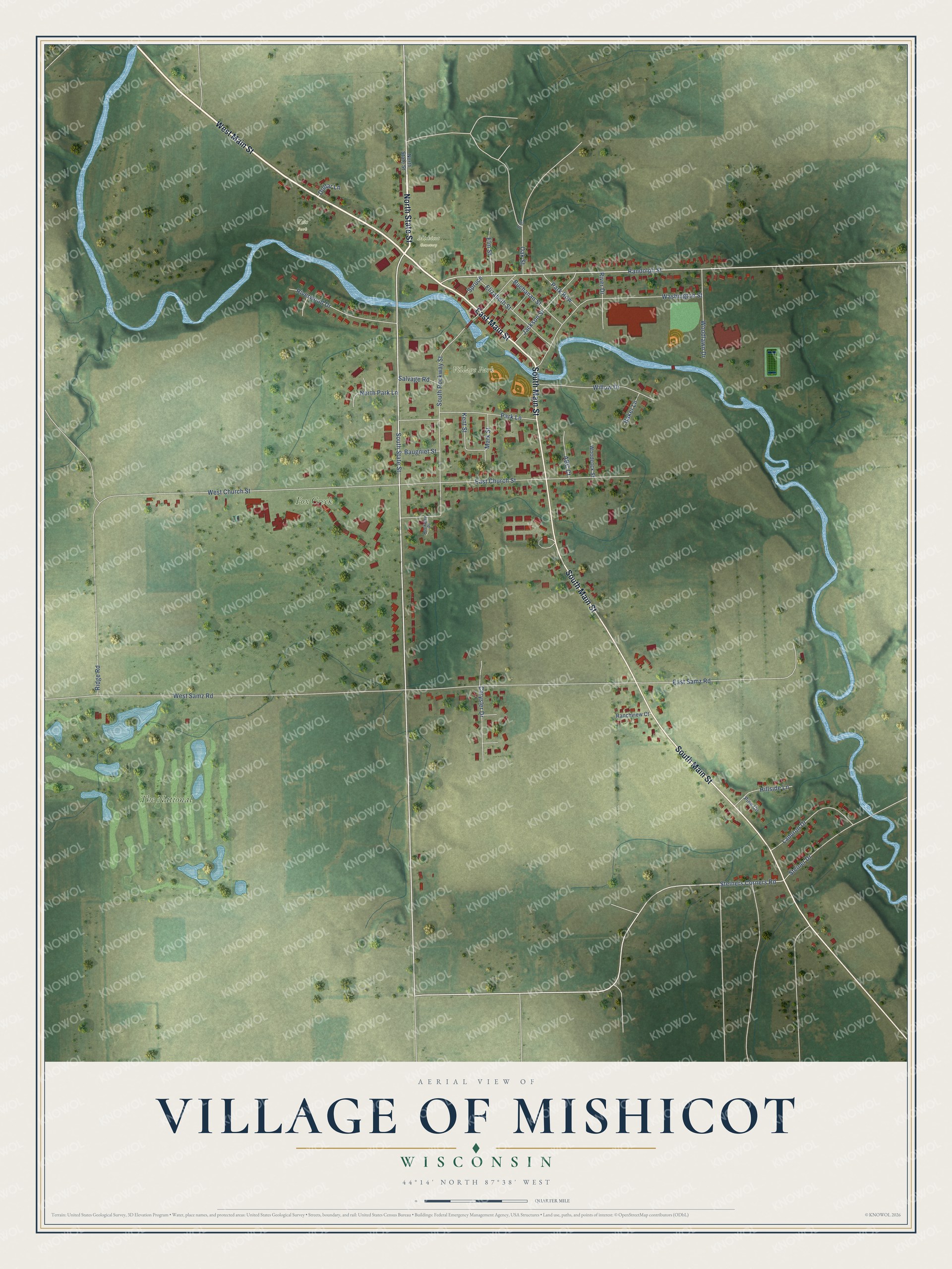 Full map of Mishicot, Wisconsin, with red buildings, printed street names and the land around them