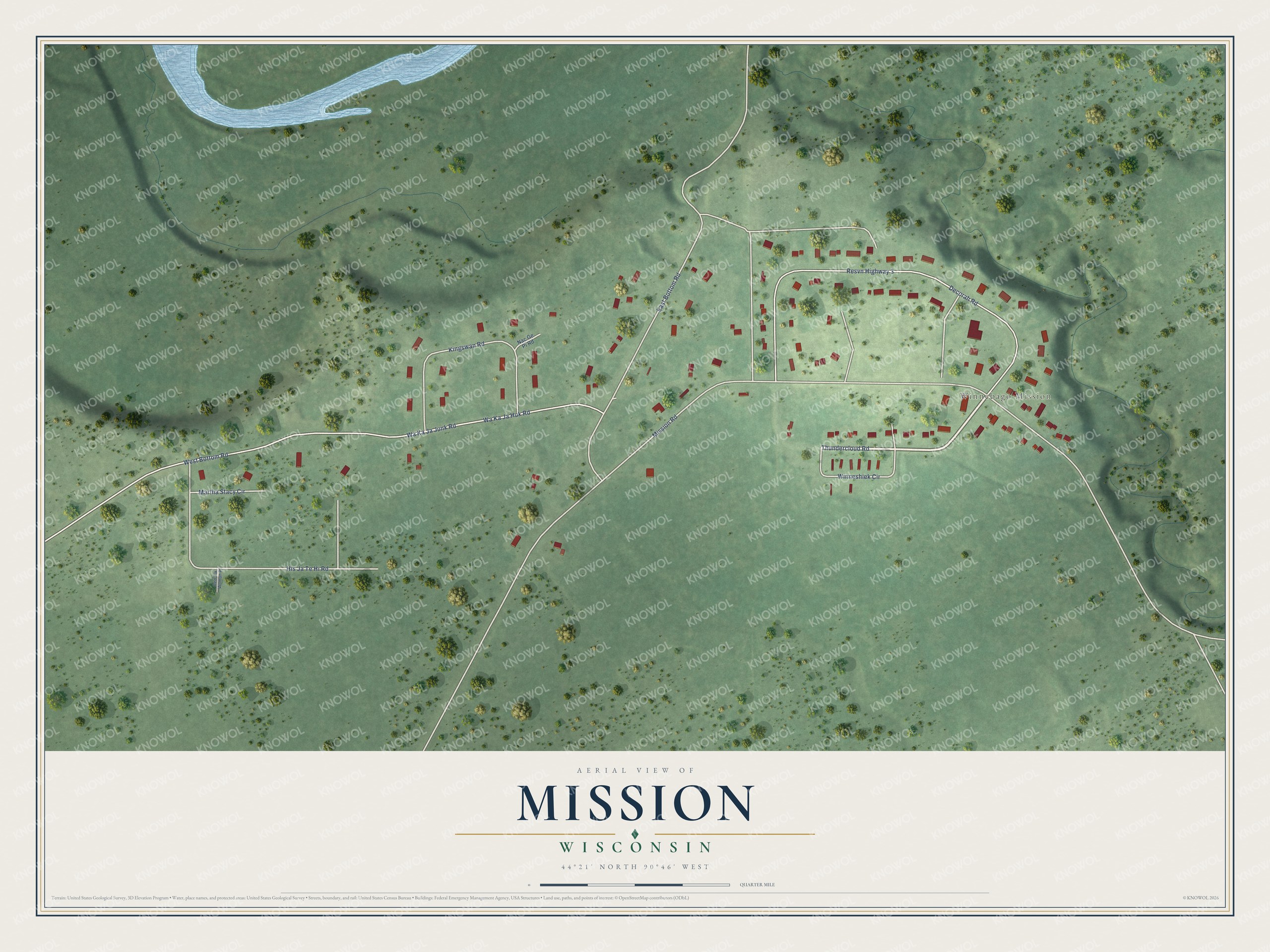 Full map of Mission, Wisconsin, with red buildings, printed street names and the land around them