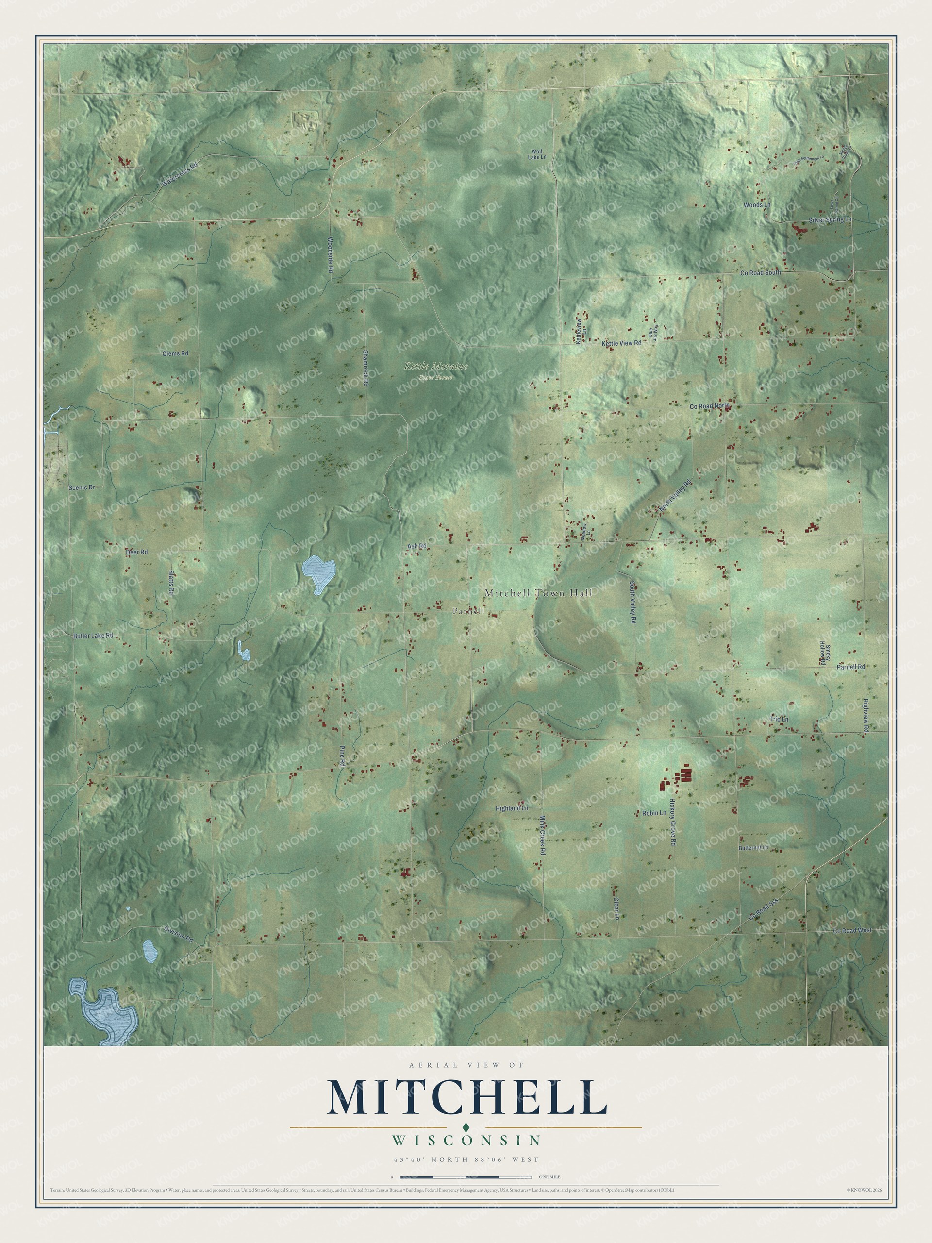 Full map of Mitchell, Wisconsin, with red buildings, printed street names and the land around them