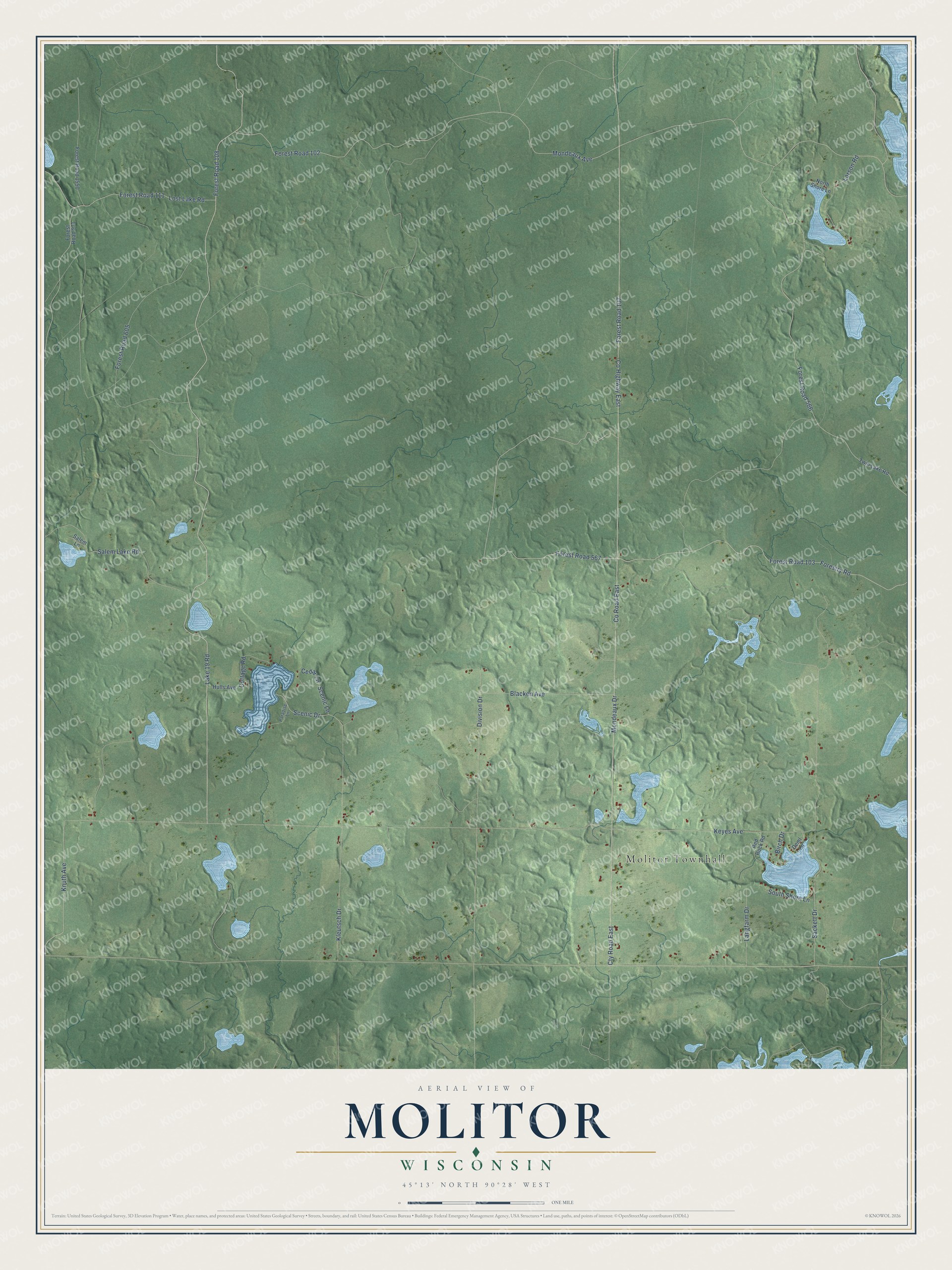 Full map of Molitor, Wisconsin, with red buildings, printed street names and the land around them