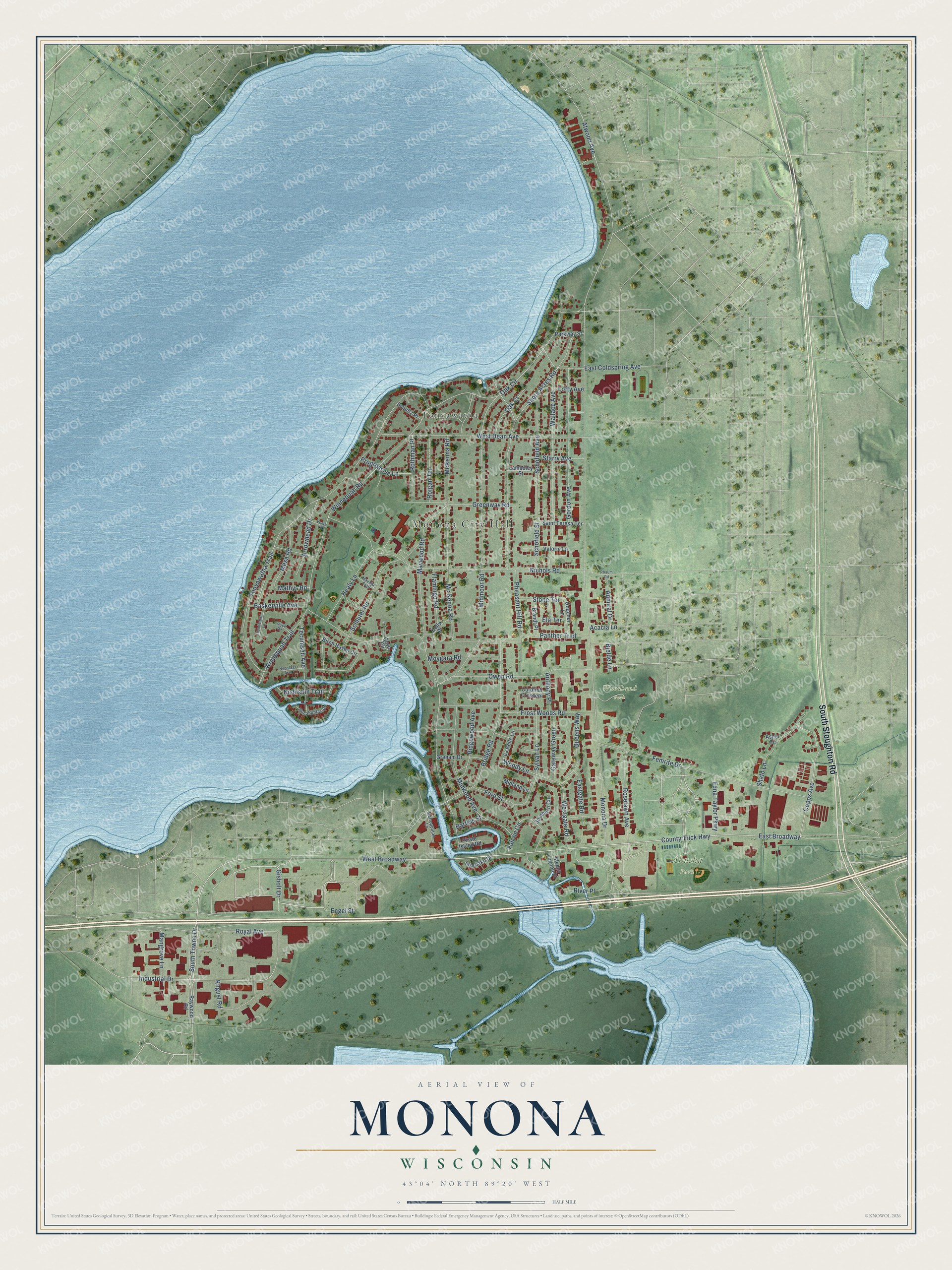 Full map of Monona, Wisconsin, with red buildings, printed street names and the land around them