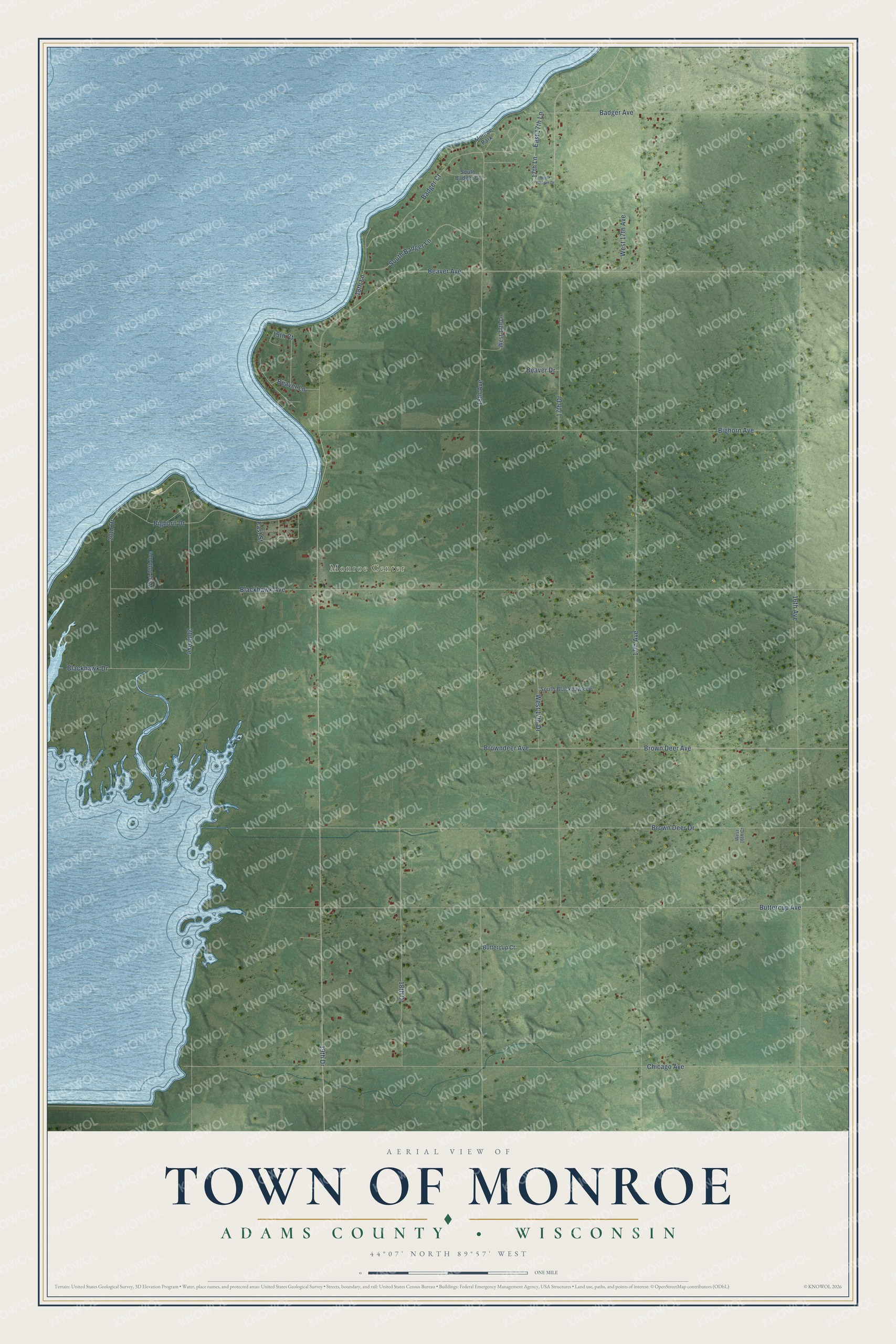 Full map of Monroe, Wisconsin, with red buildings, printed street names and the land around them