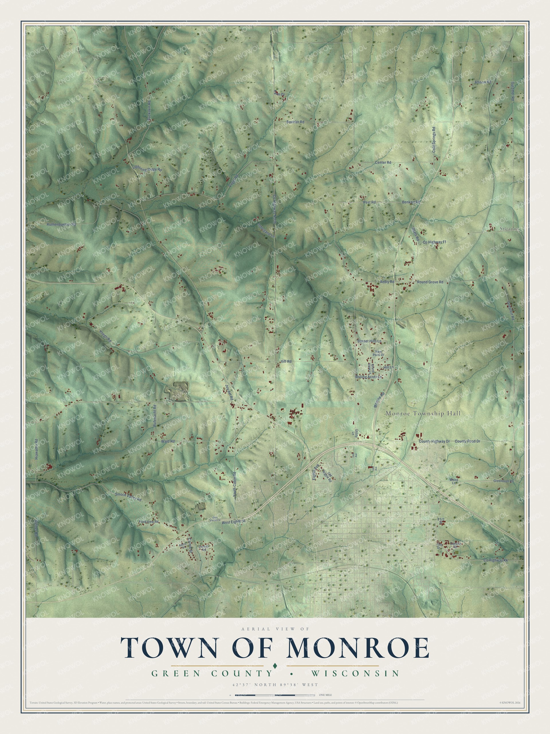 Full map of Monroe, Wisconsin, with red buildings, printed street names and the land around them