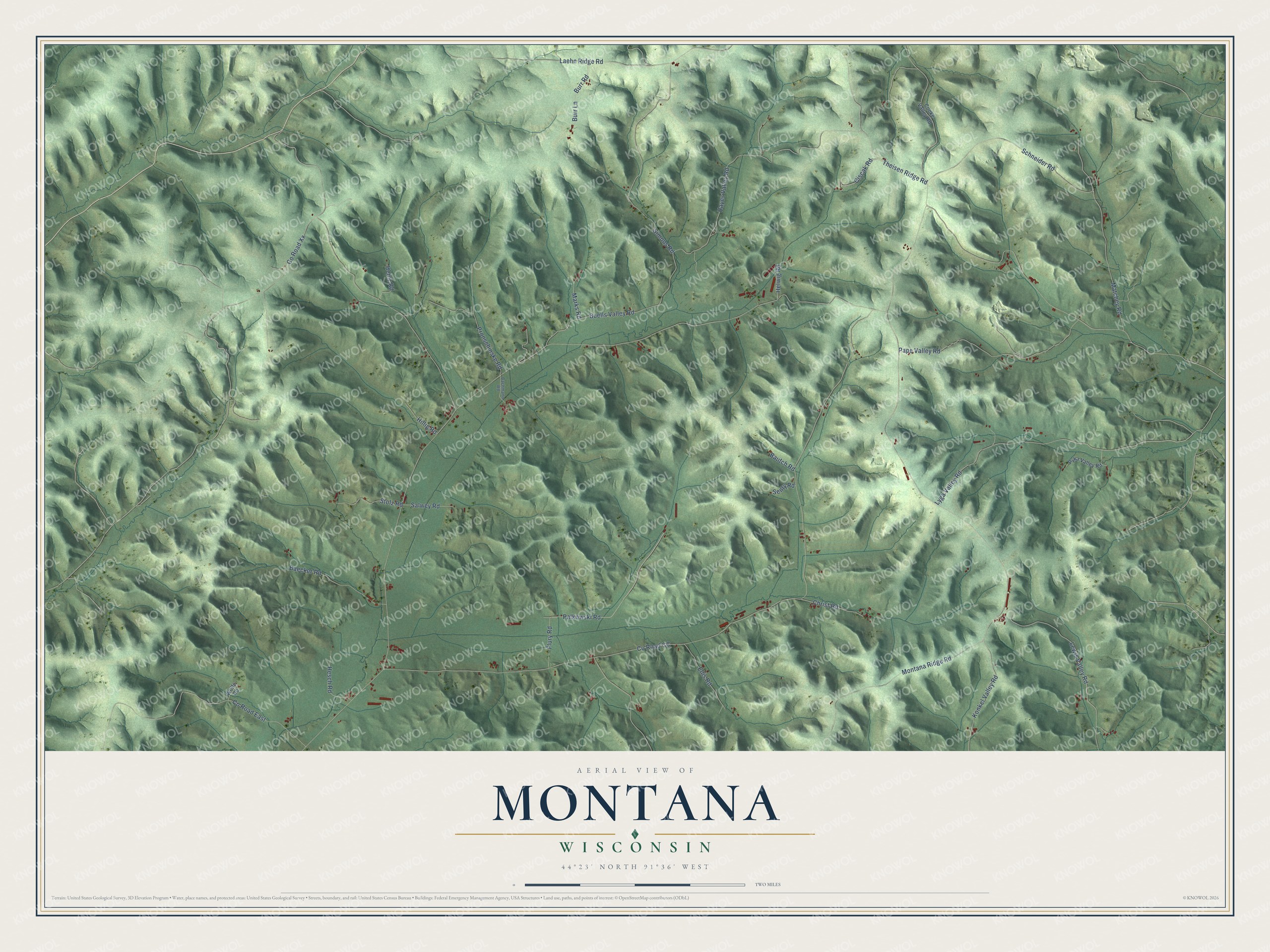 Full map of Montana, Wisconsin, with red buildings, printed street names and the land around them