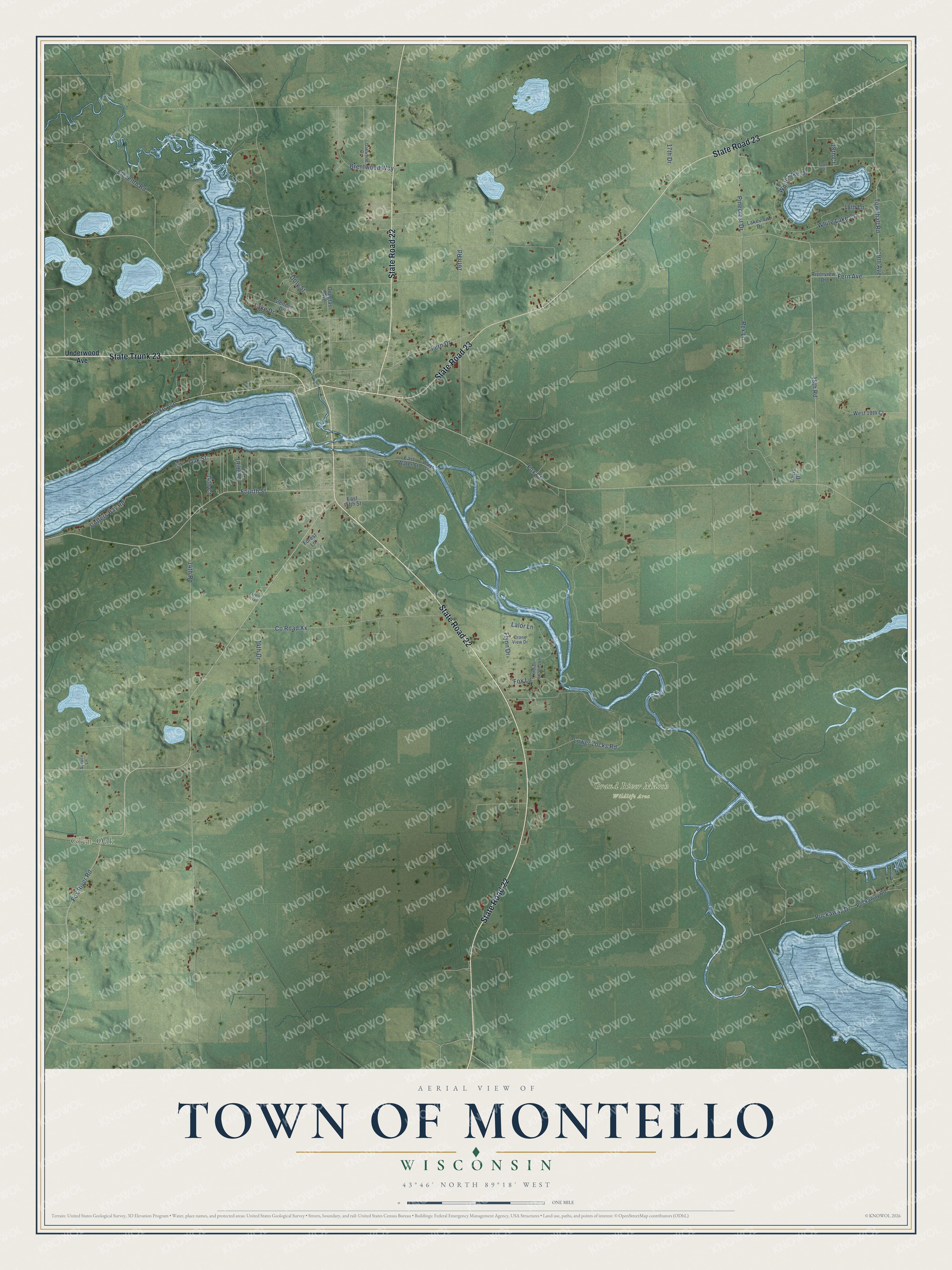 Full map of Montello, Wisconsin, with red buildings, printed street names and the land around them