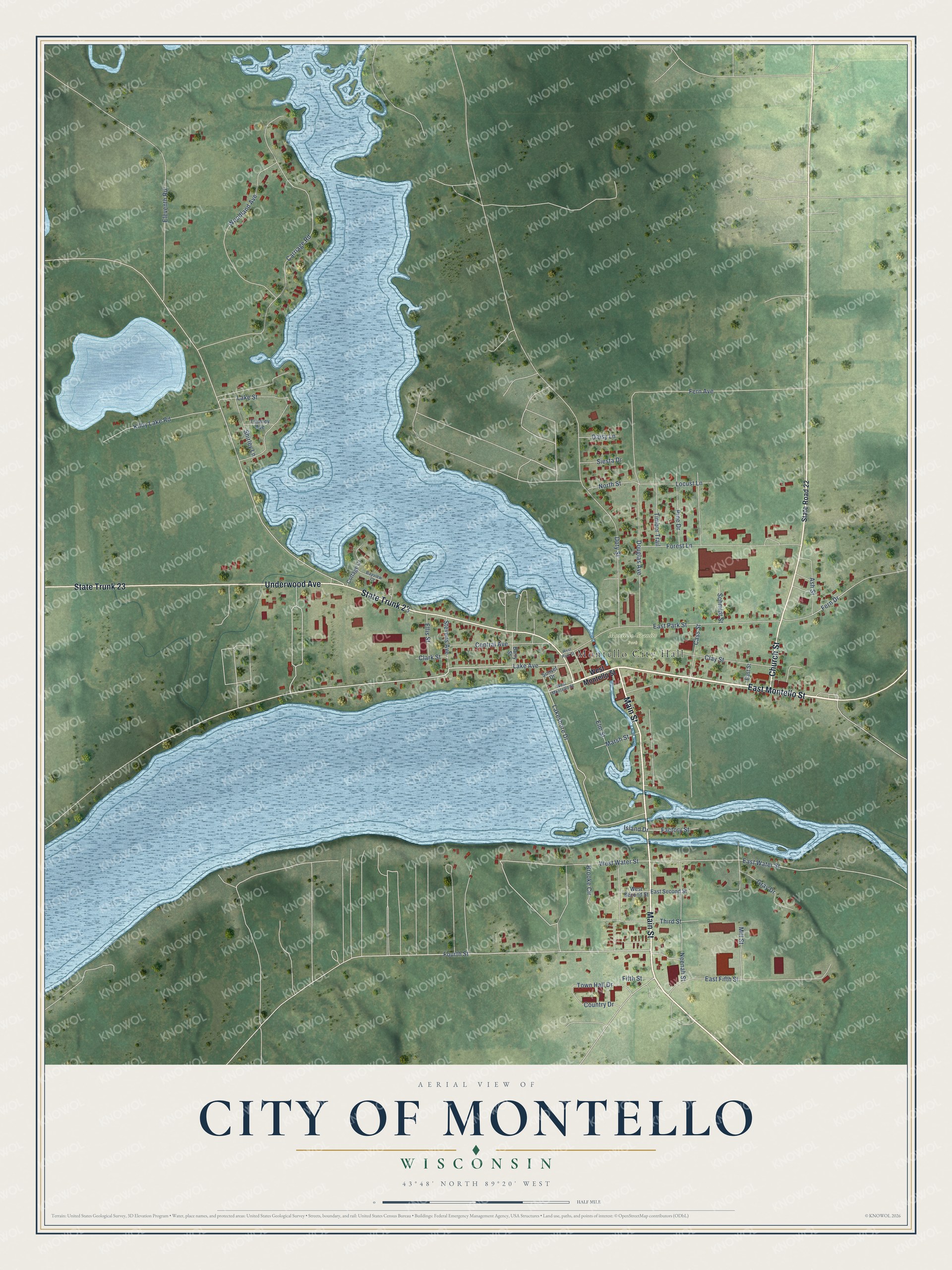 Full map of Montello, Wisconsin, with red buildings, printed street names and the land around them