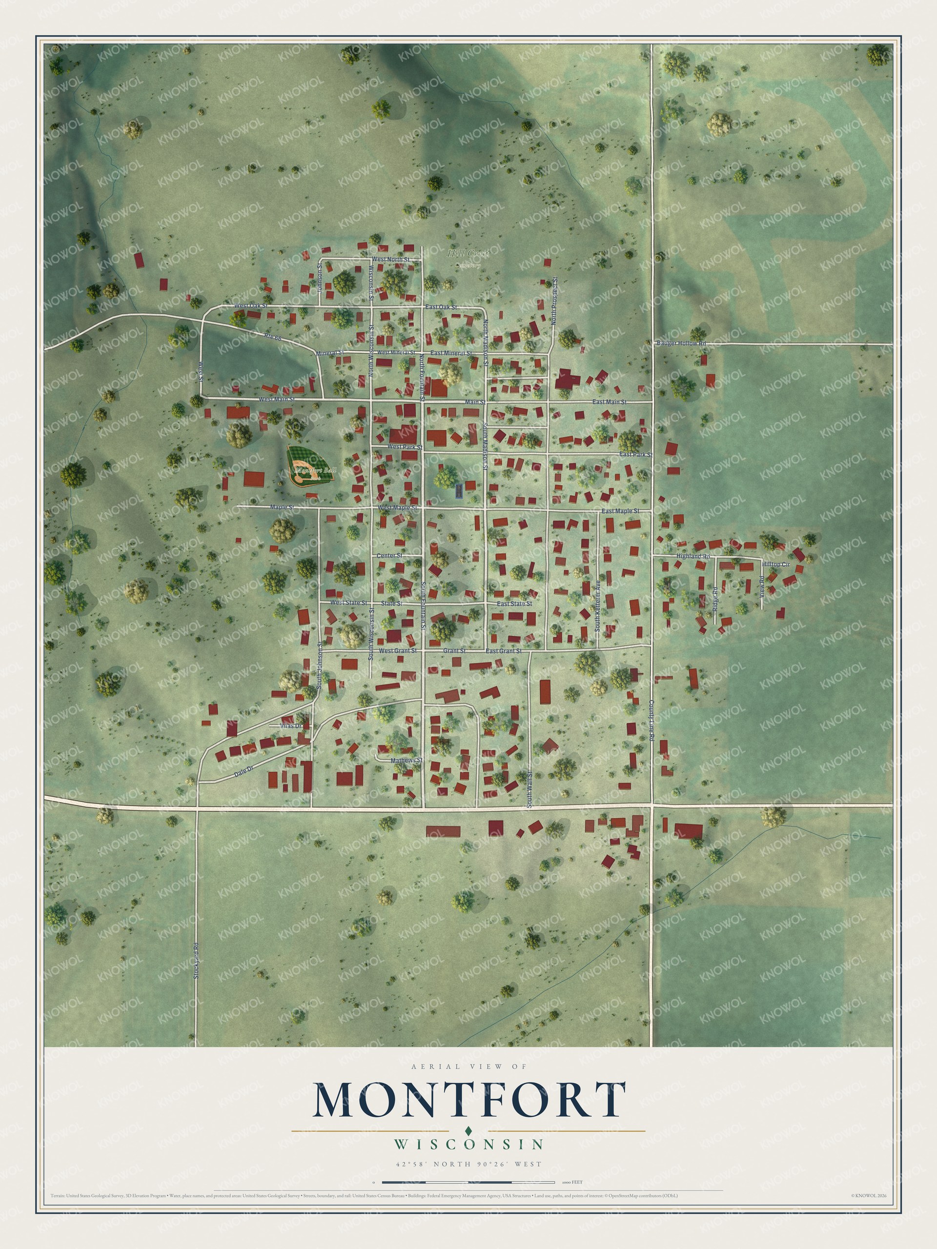 Full map of Montfort, Wisconsin, with red buildings, printed street names and the land around them