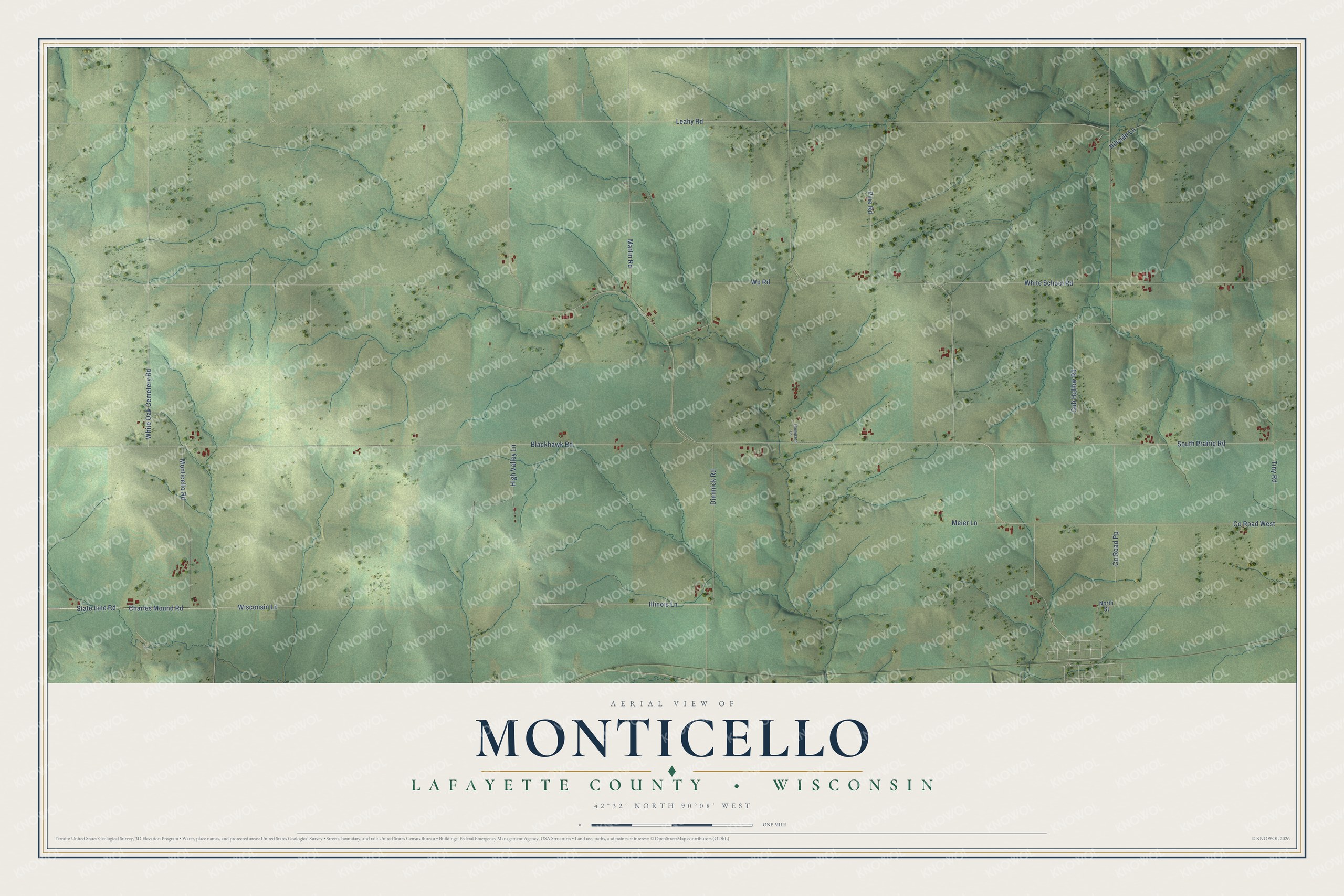 Full map of Monticello, Wisconsin, with red buildings, printed street names and the land around them