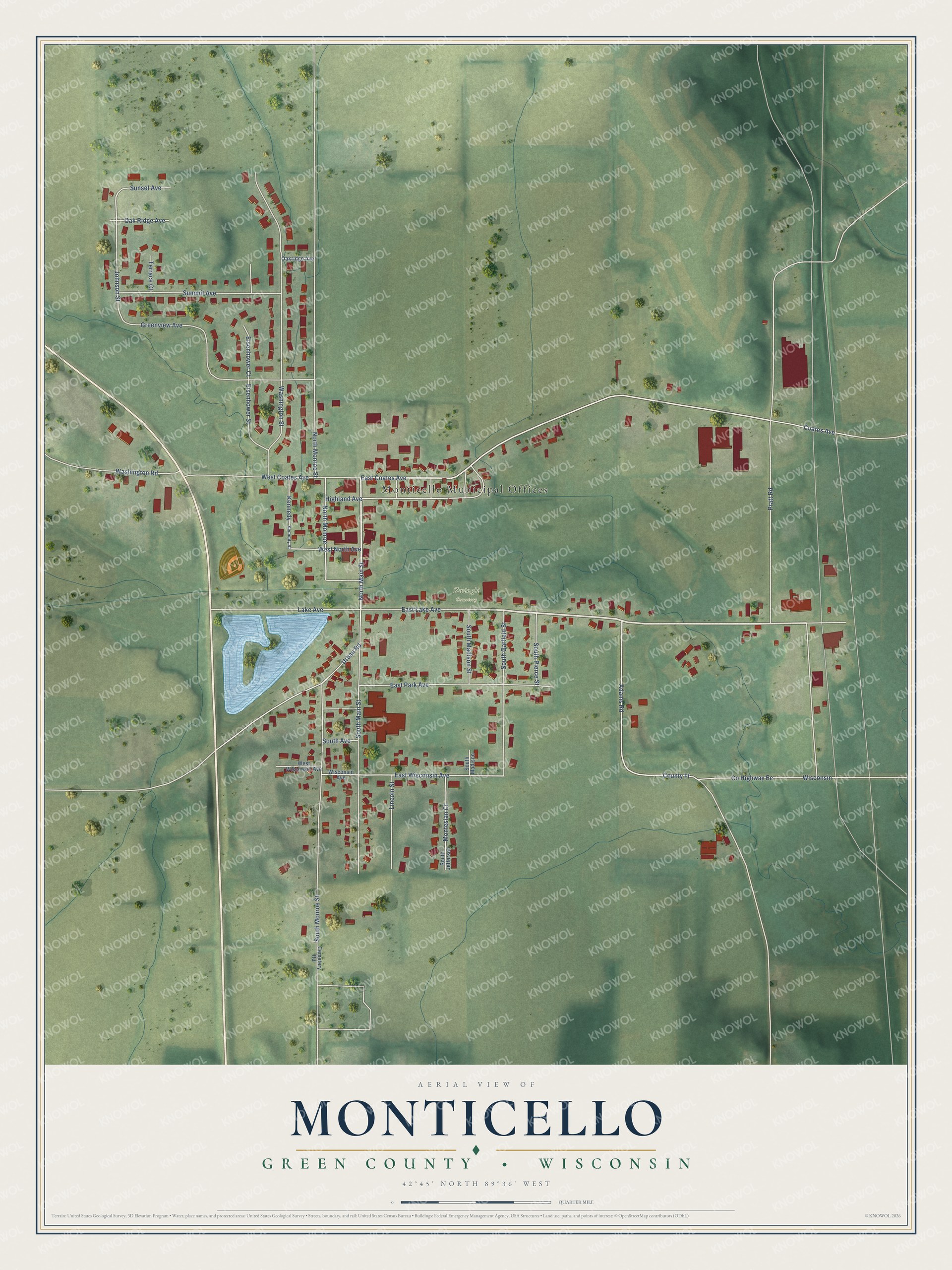 Full map of Monticello, Wisconsin, with red buildings, printed street names and the land around them