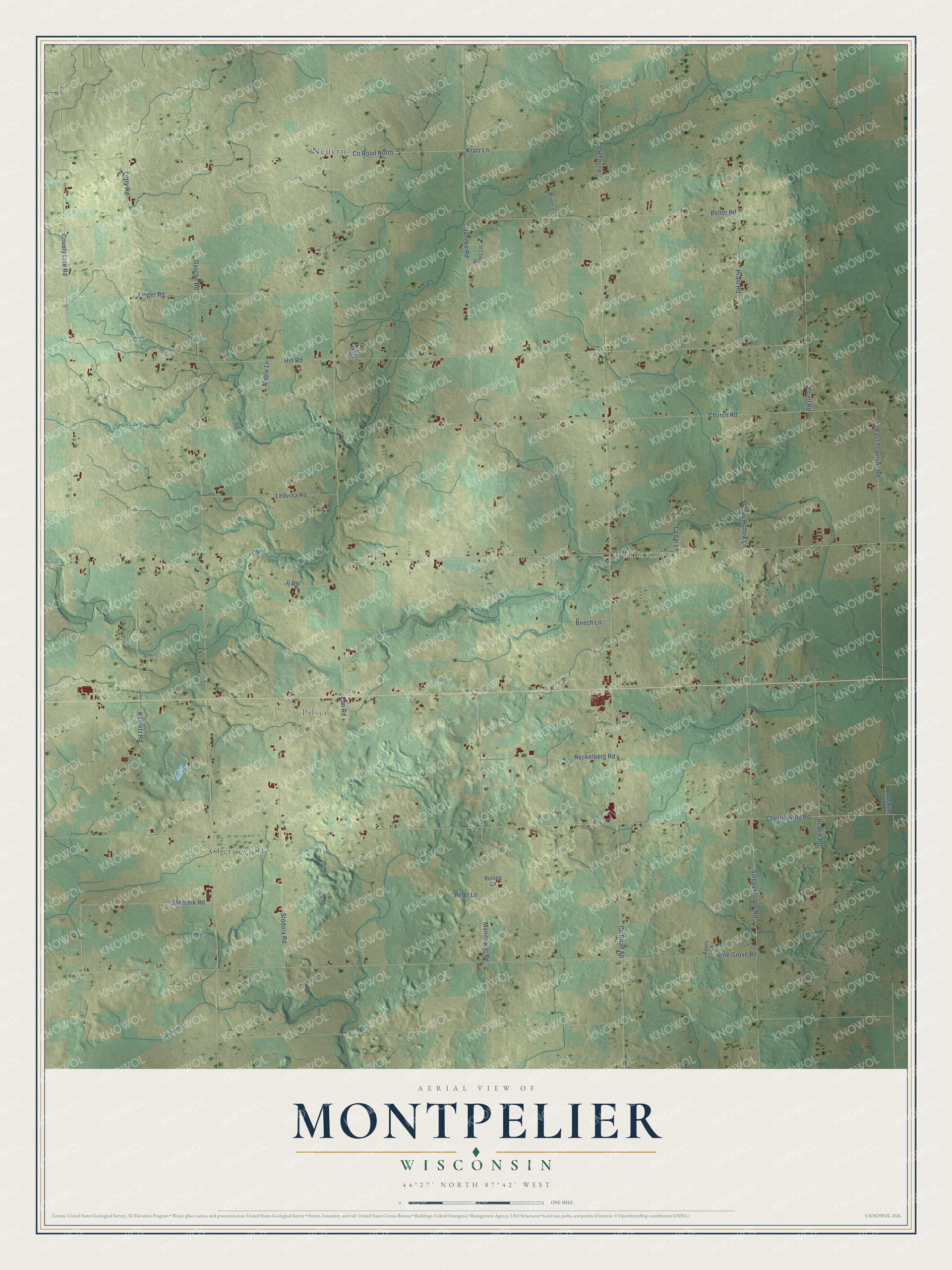 Full map of Montpelier, Wisconsin, with red buildings, printed street names and the land around them