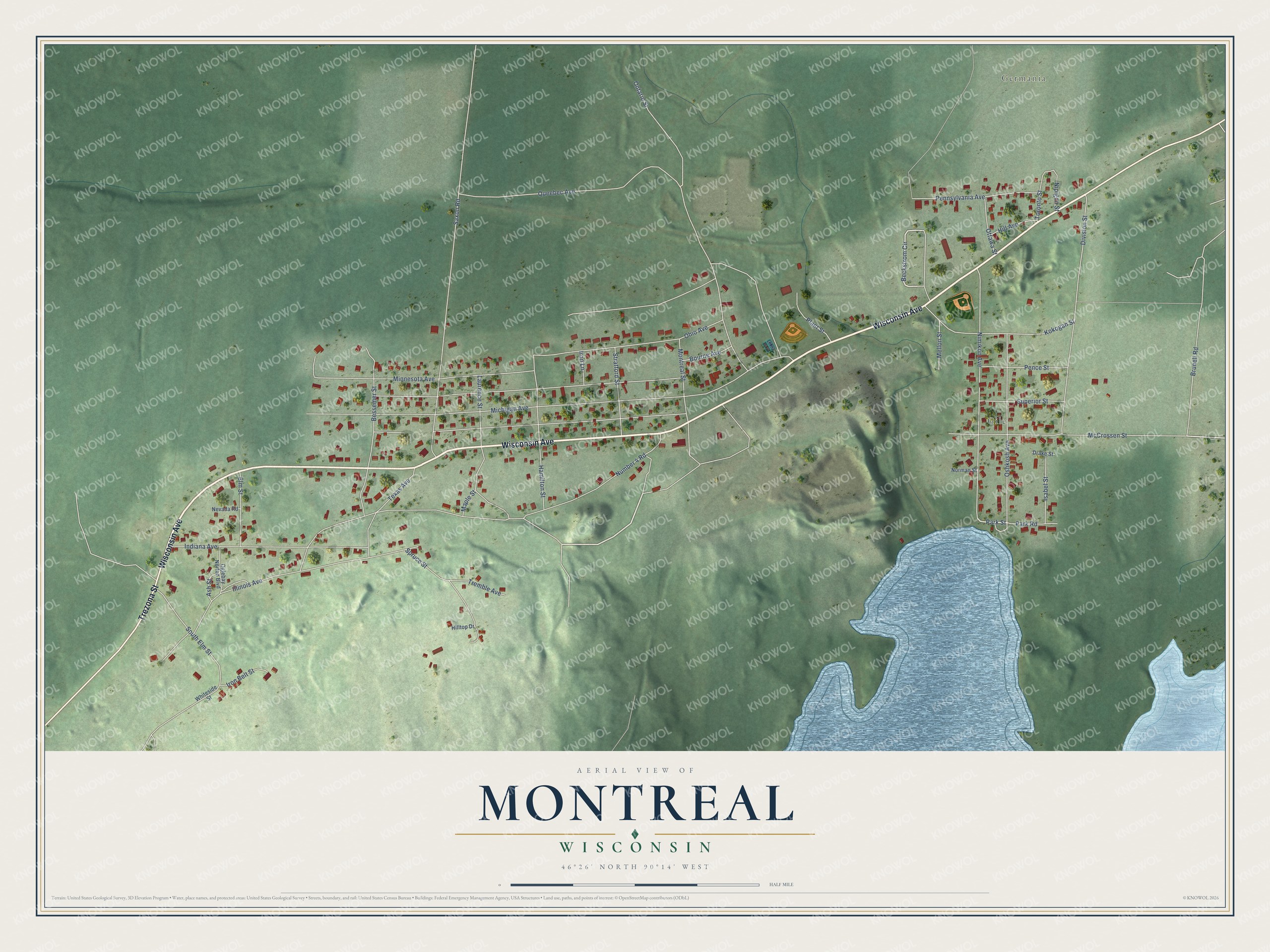 Full map of Montreal, Wisconsin, with red buildings, printed street names and the land around them