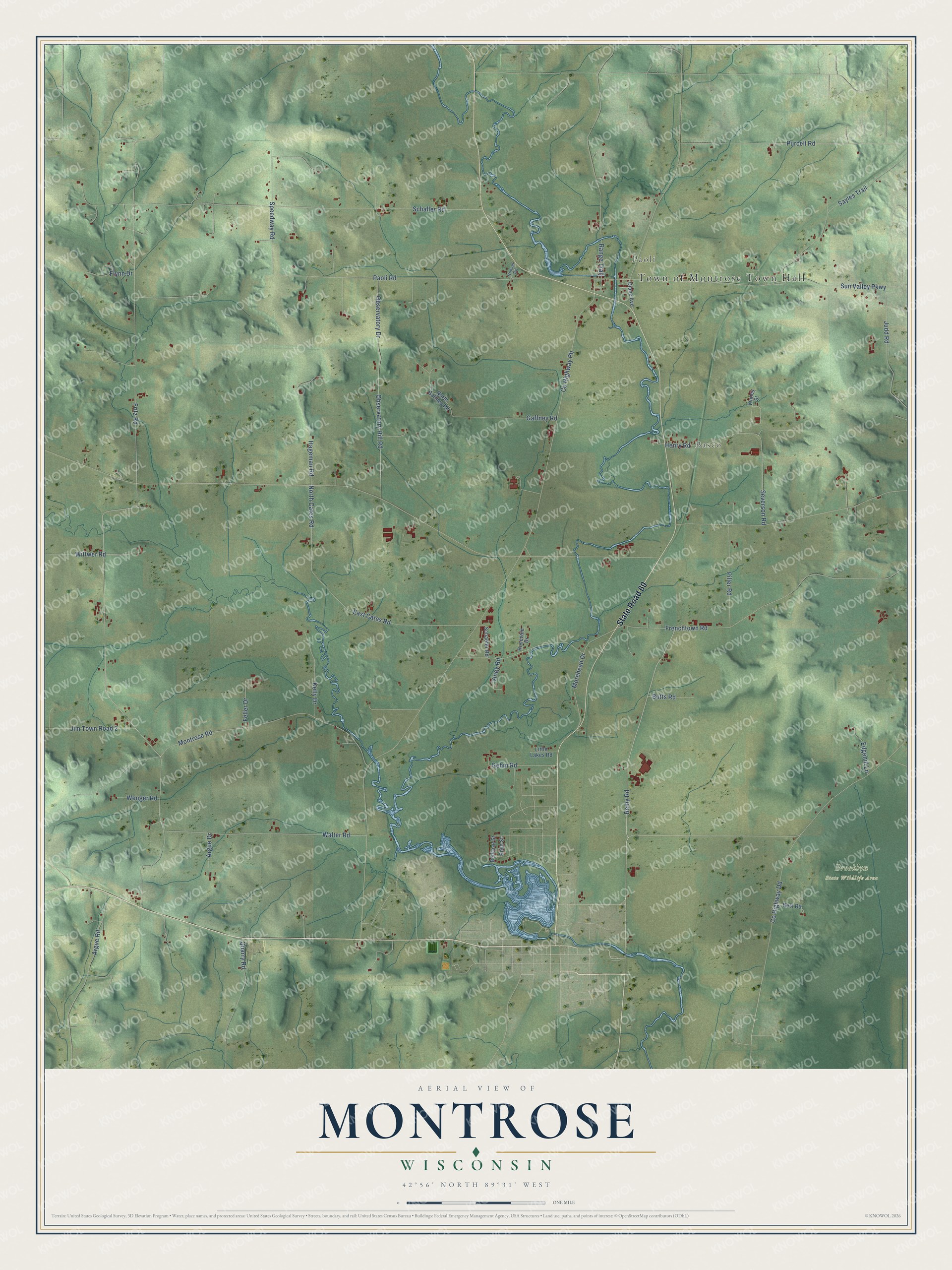 Full map of Montrose, Wisconsin, with red buildings, printed street names and the land around them