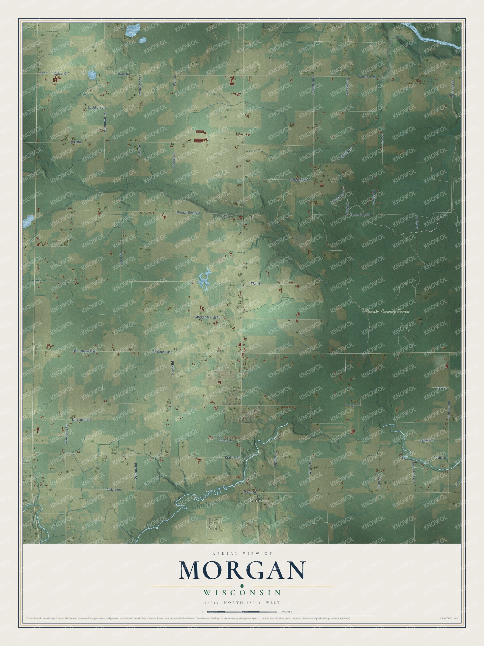 Full map of Morgan, Wisconsin, with red buildings, printed street names and the land around them