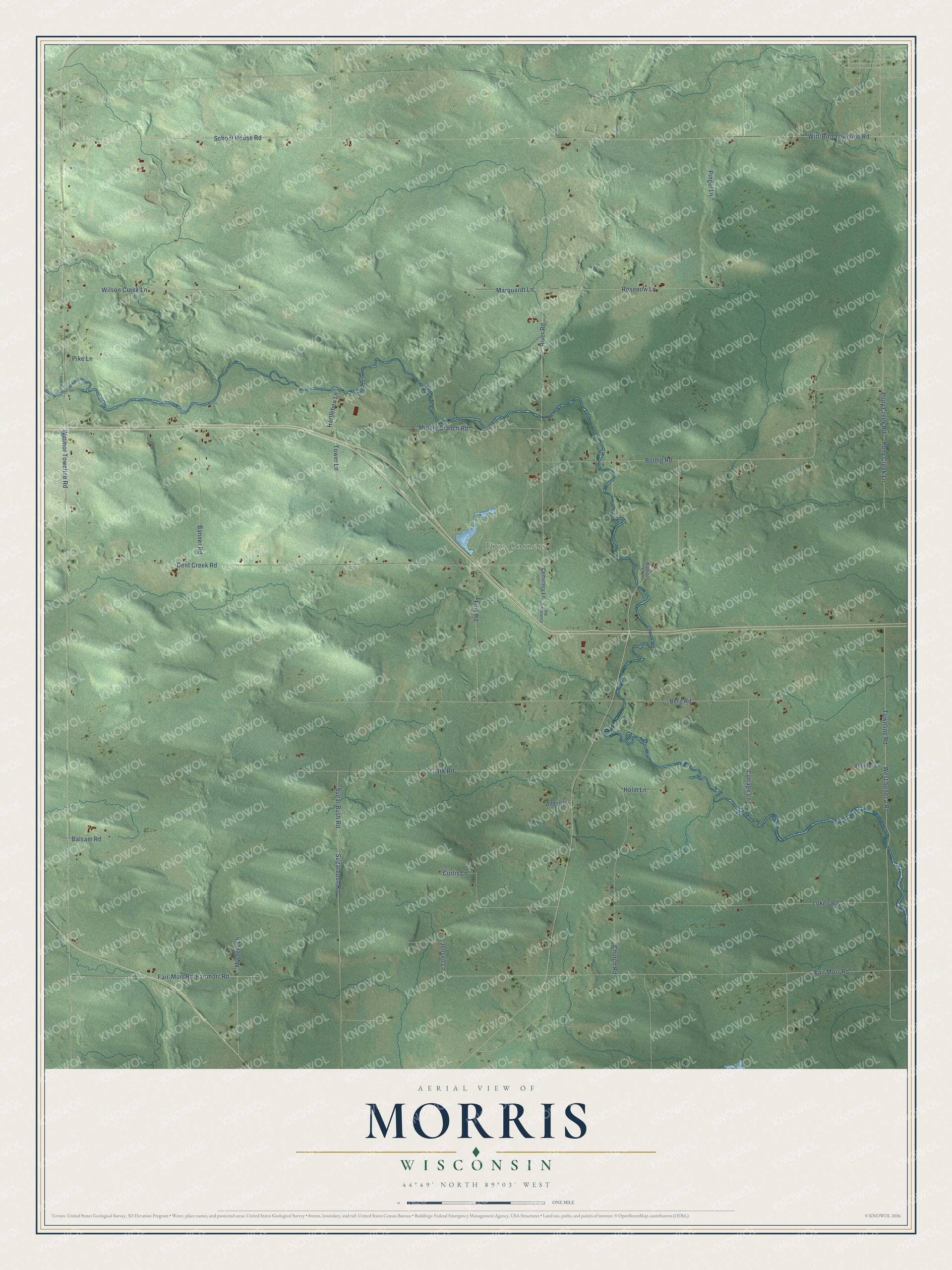 Full map of Morris, Wisconsin, with red buildings, printed street names and the land around them