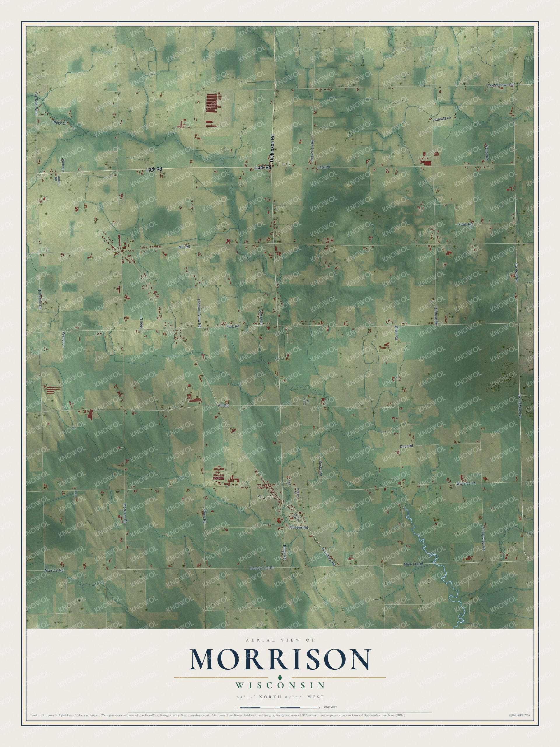 Full map of Morrison, Wisconsin, with red buildings, printed street names and the land around them