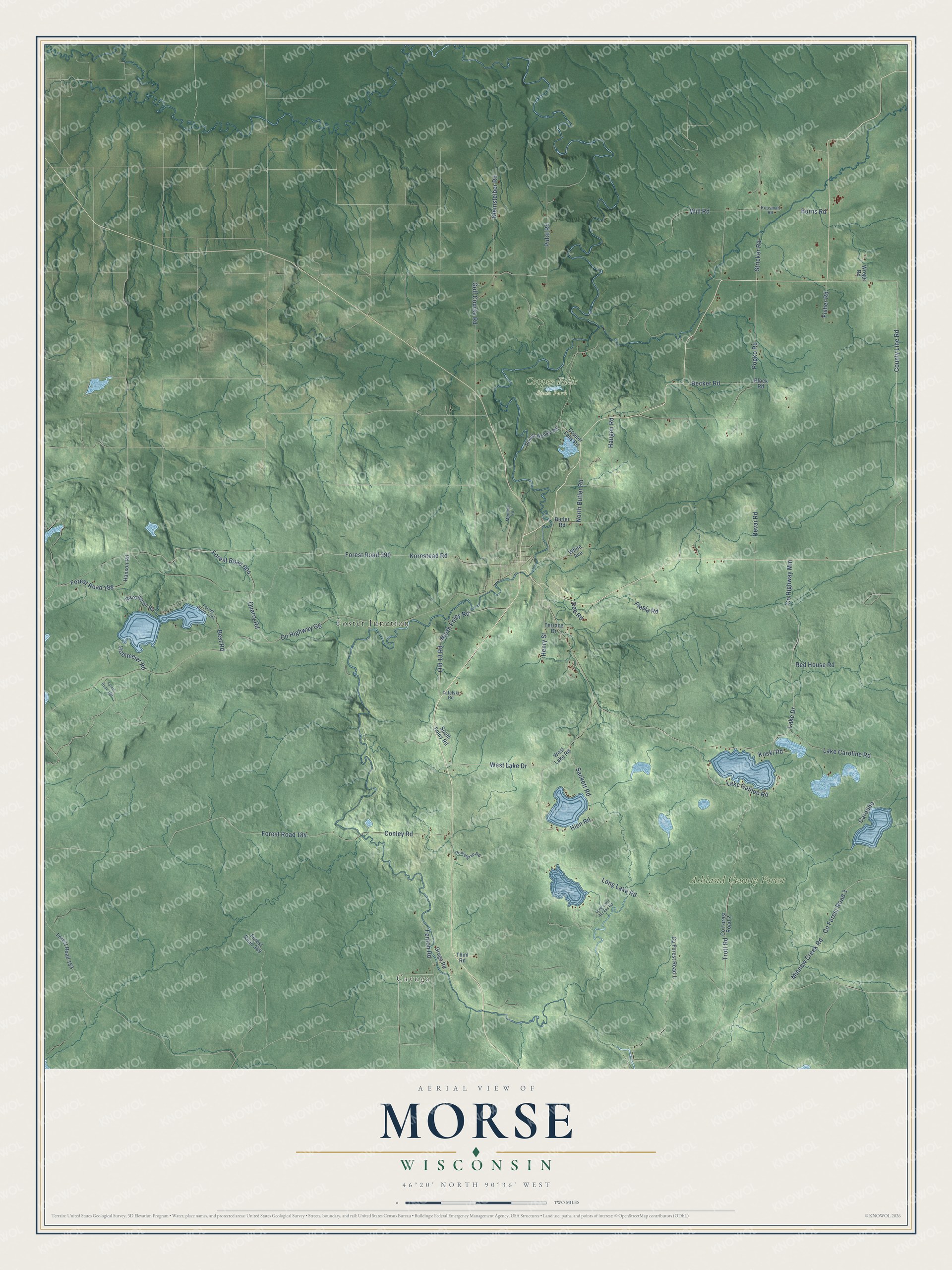 Full map of Morse, Wisconsin, with red buildings, printed street names and the land around them
