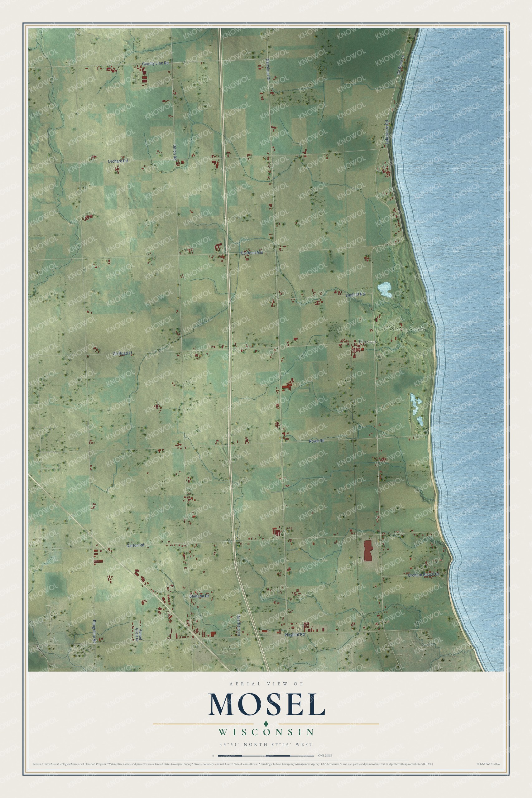 Full map of Mosel, Wisconsin, with red buildings, printed street names and the land around them