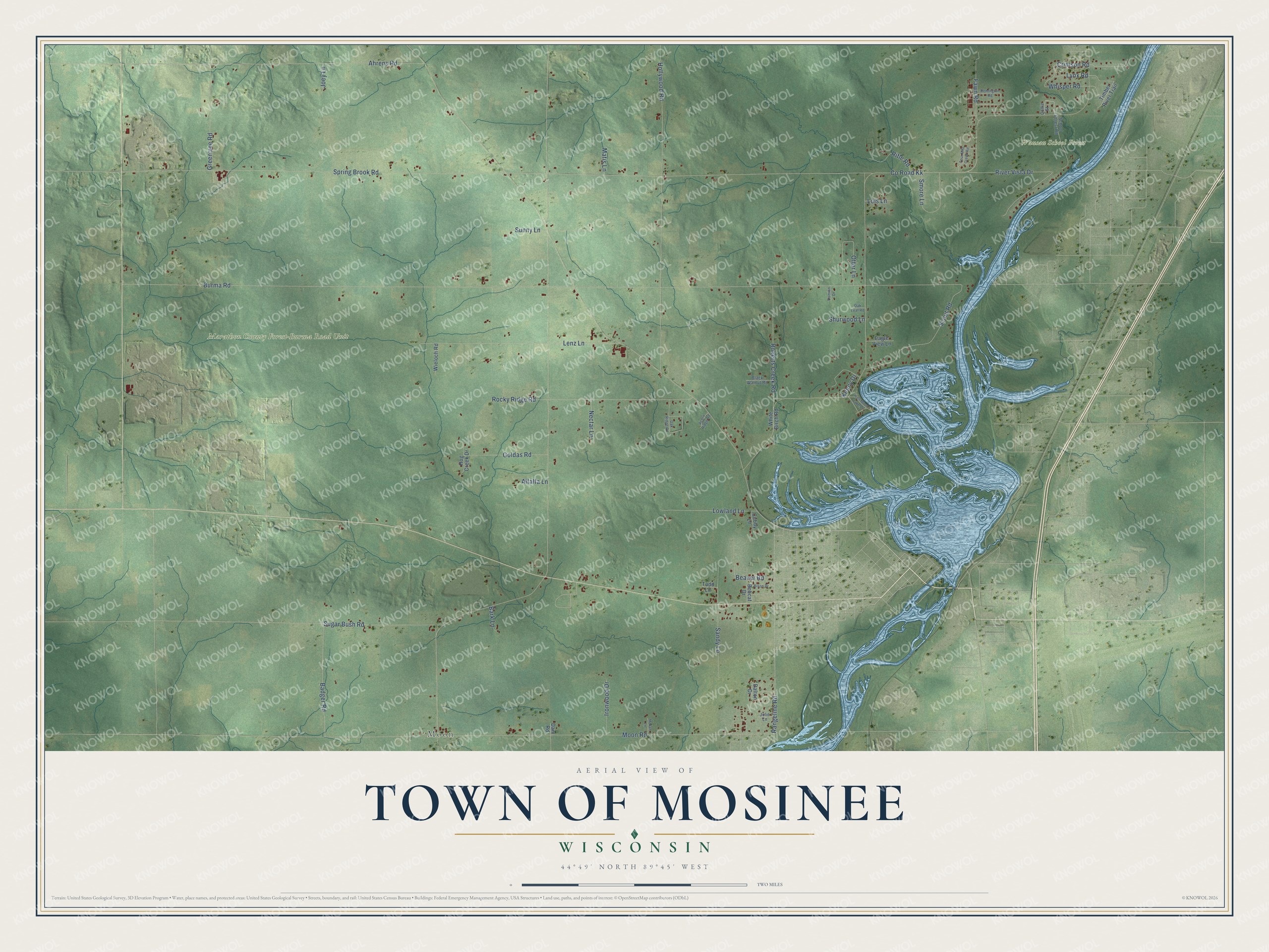 Full map of Mosinee, Wisconsin, with red buildings, printed street names and the land around them