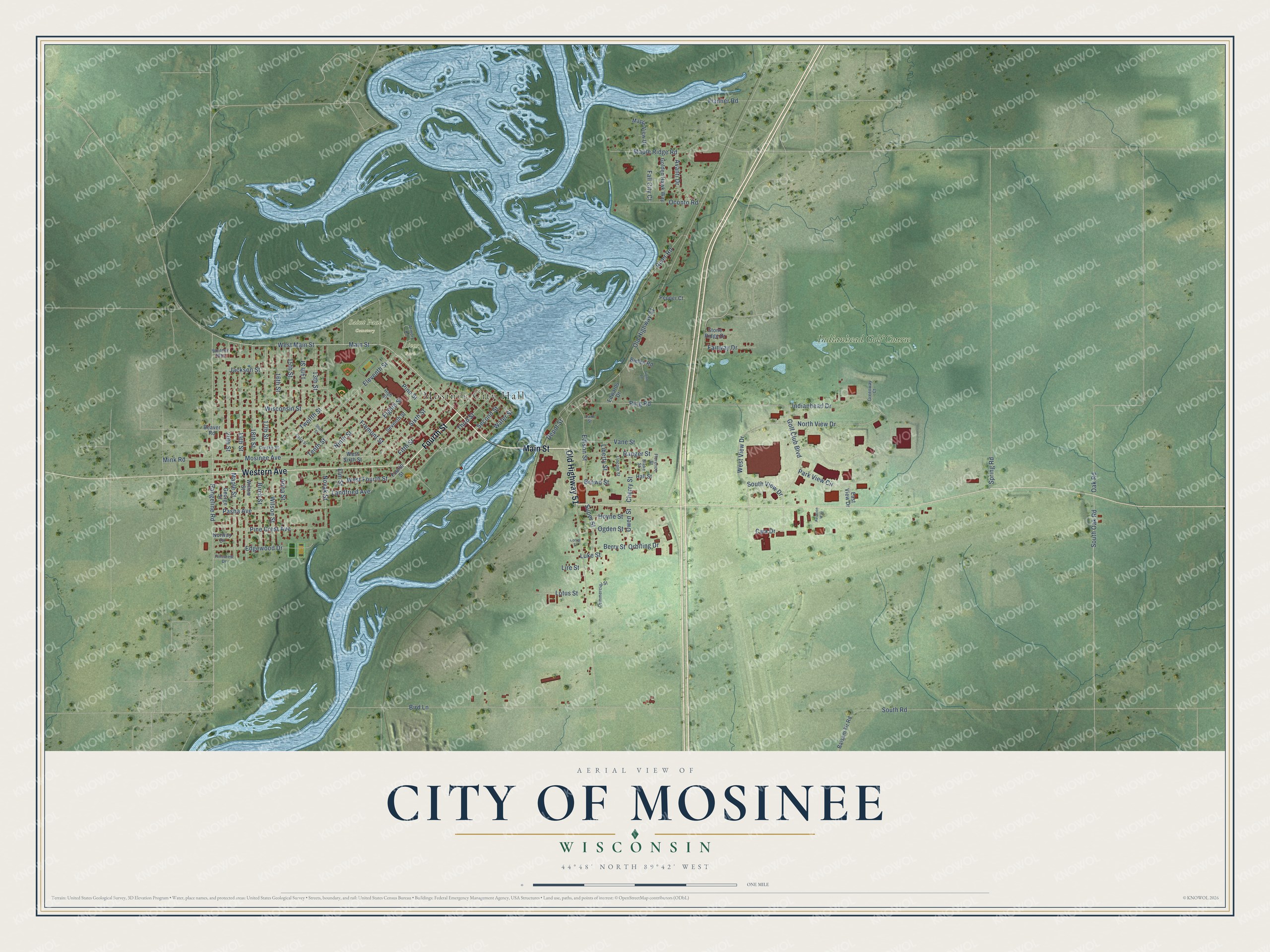 Full map of Mosinee, Wisconsin, with red buildings, printed street names and the land around them