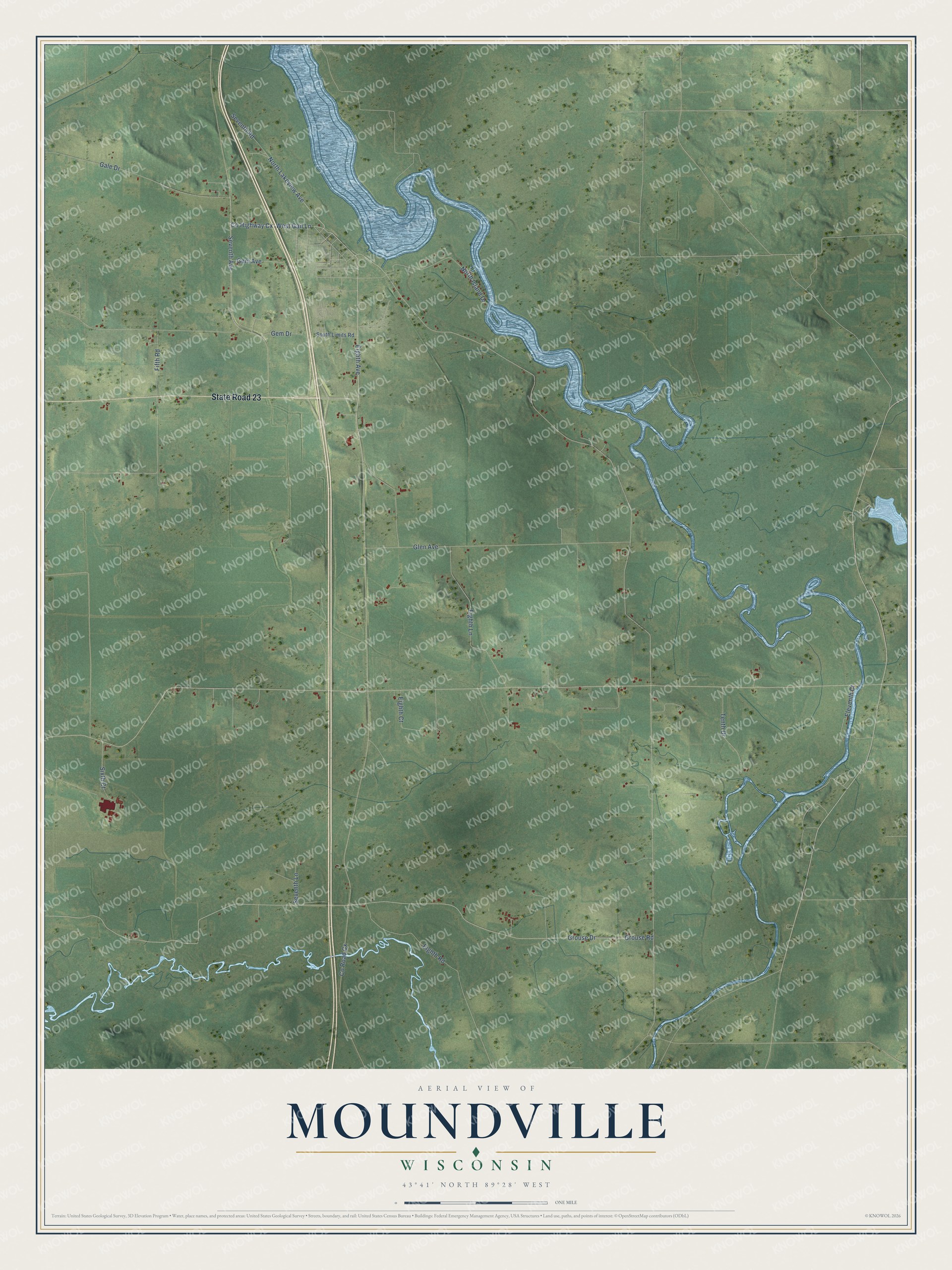 Full map of Moundville, Wisconsin, with red buildings, printed street names and the land around them