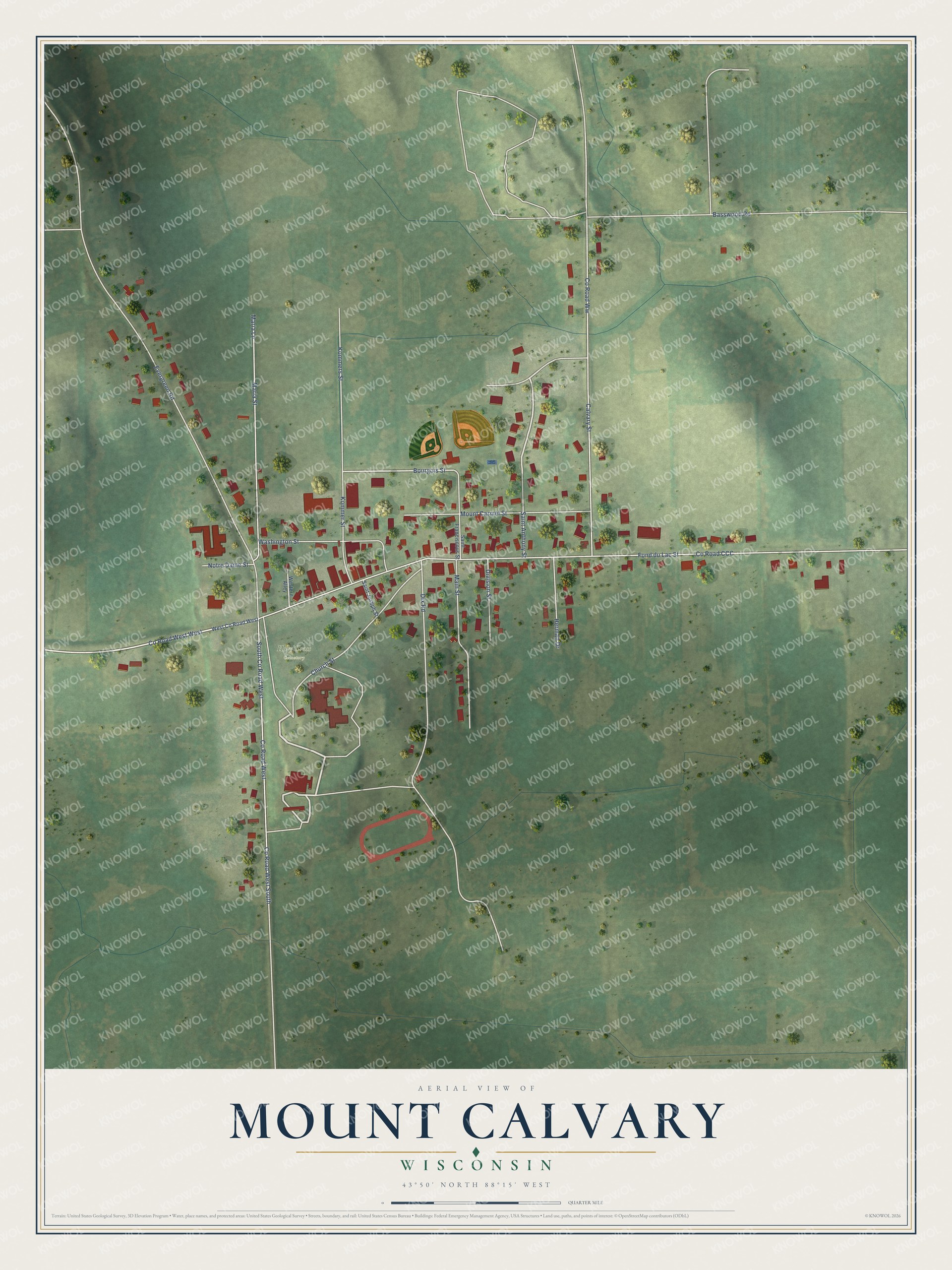 Full map of Mount Calvary, Wisconsin, with red buildings, printed street names and the land around them