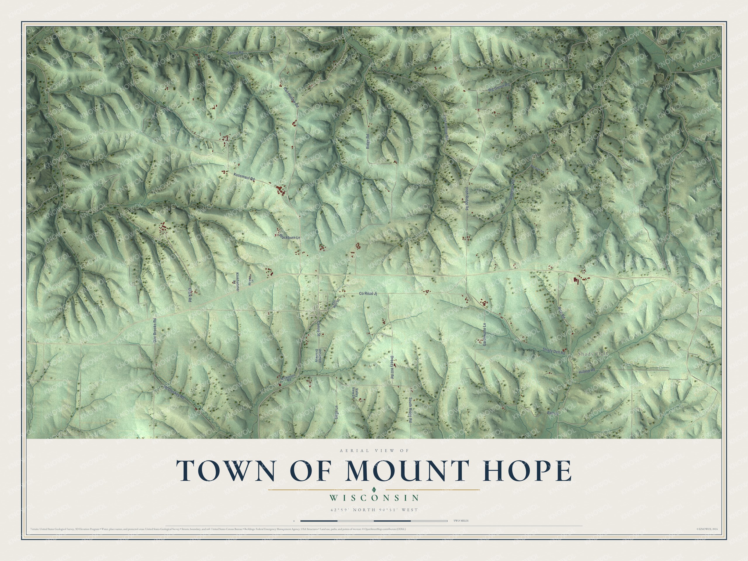 Full map of Mount Hope, Wisconsin, with red buildings, printed street names and the land around them