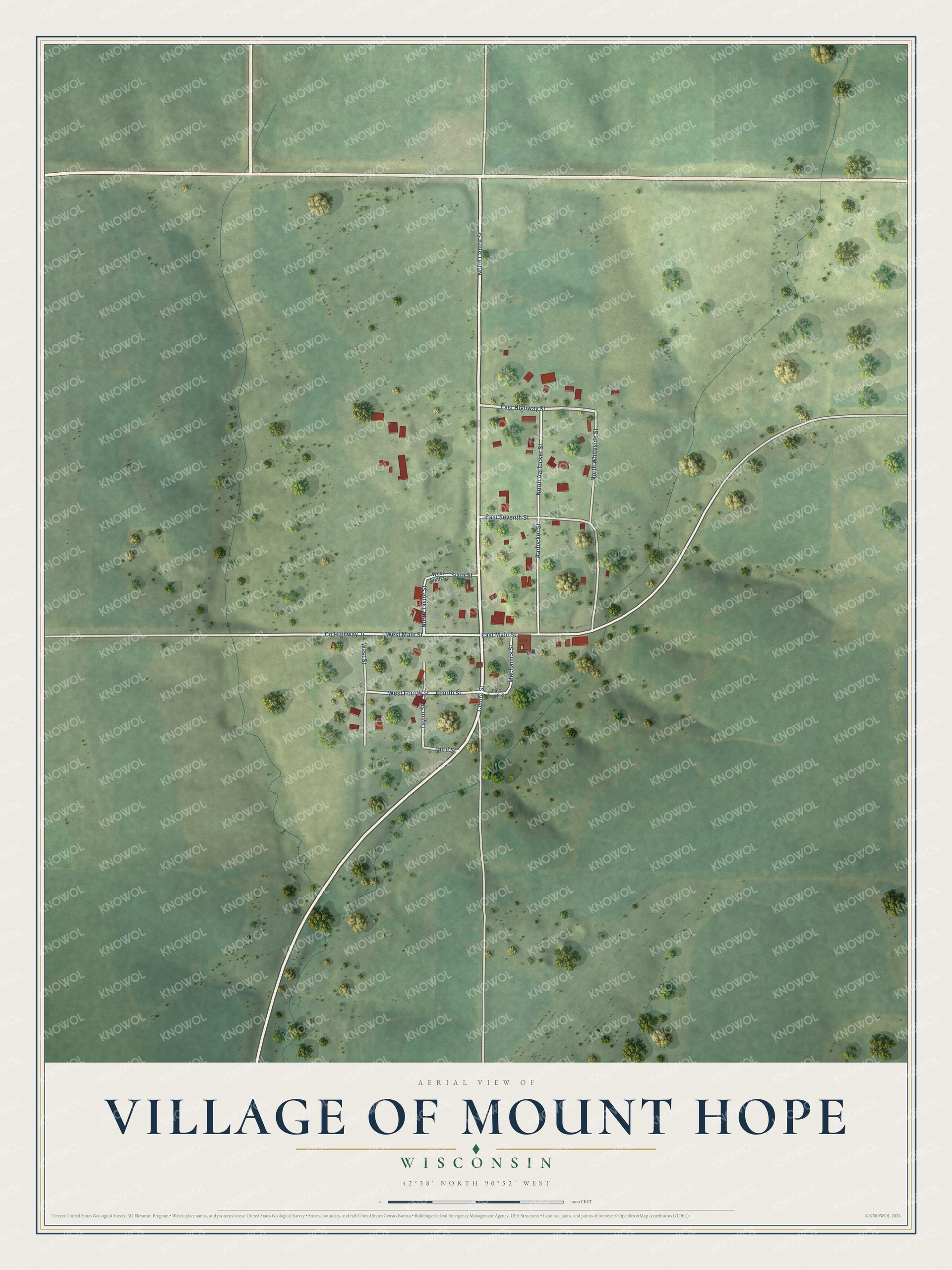 Full map of Mount Hope, Wisconsin, with red buildings, printed street names and the land around them