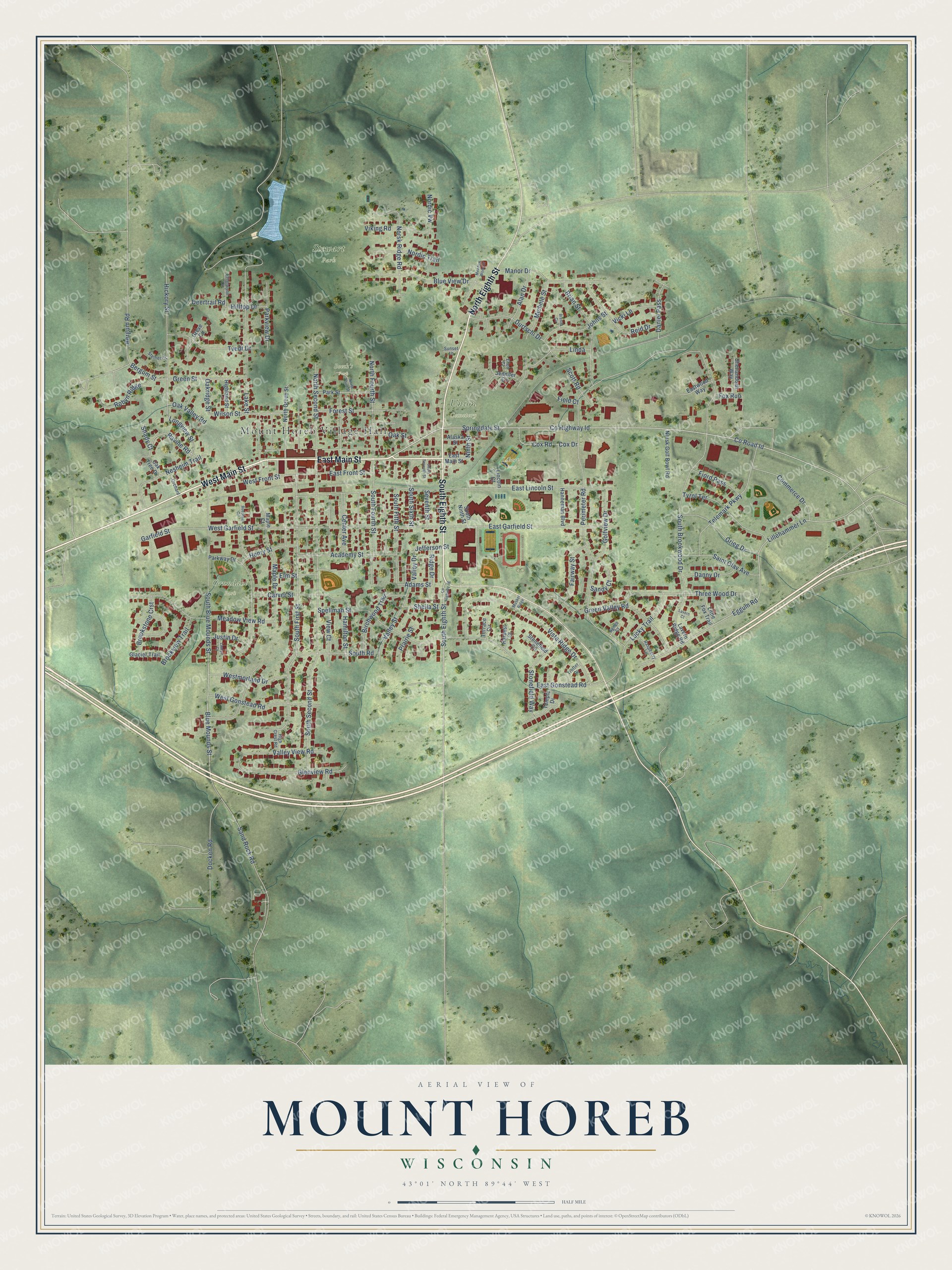 Full map of Mount Horeb, Wisconsin, with red buildings, printed street names and the land around them
