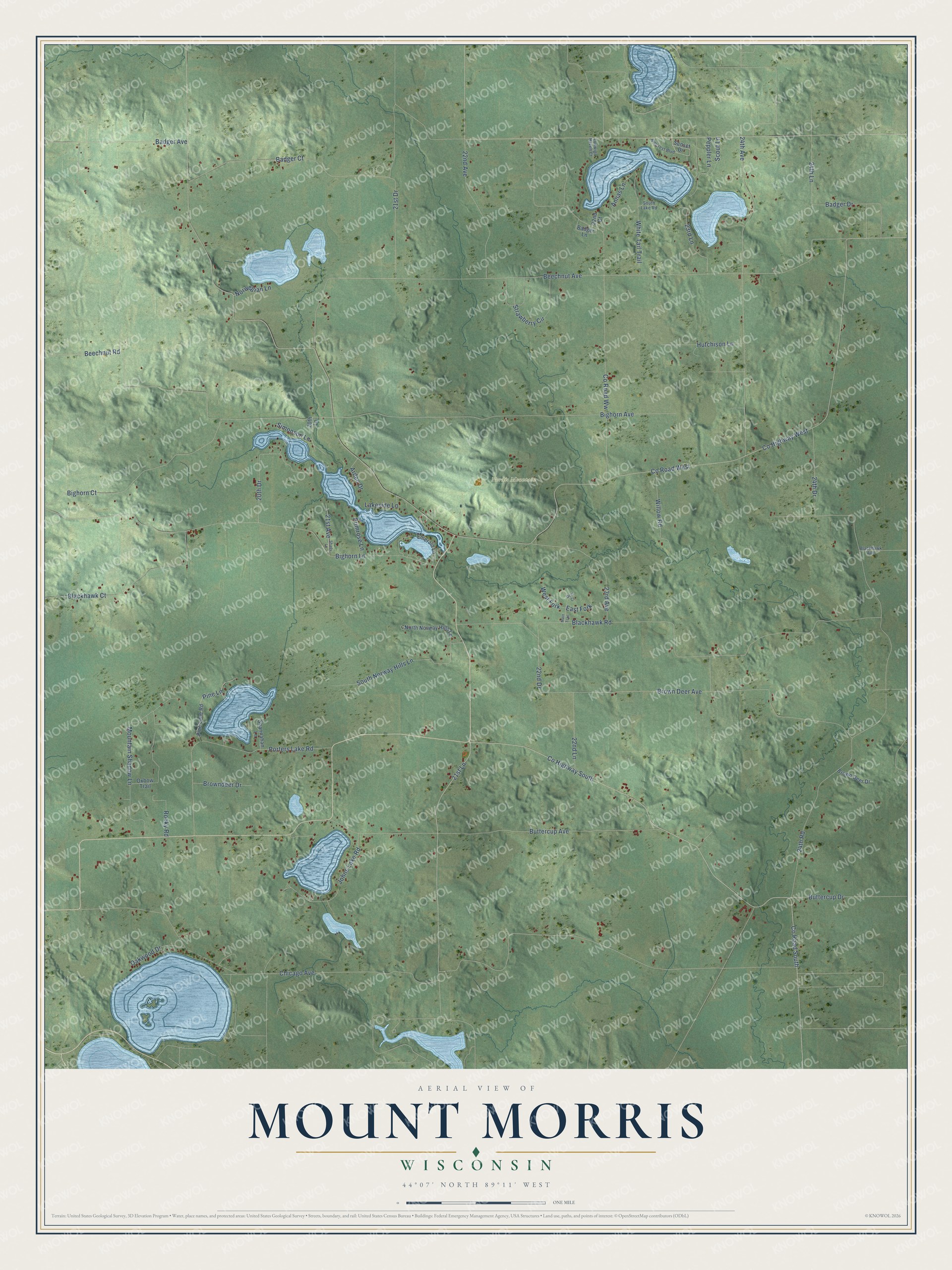 Full map of Mount Morris, Wisconsin, with red buildings, printed street names and the land around them