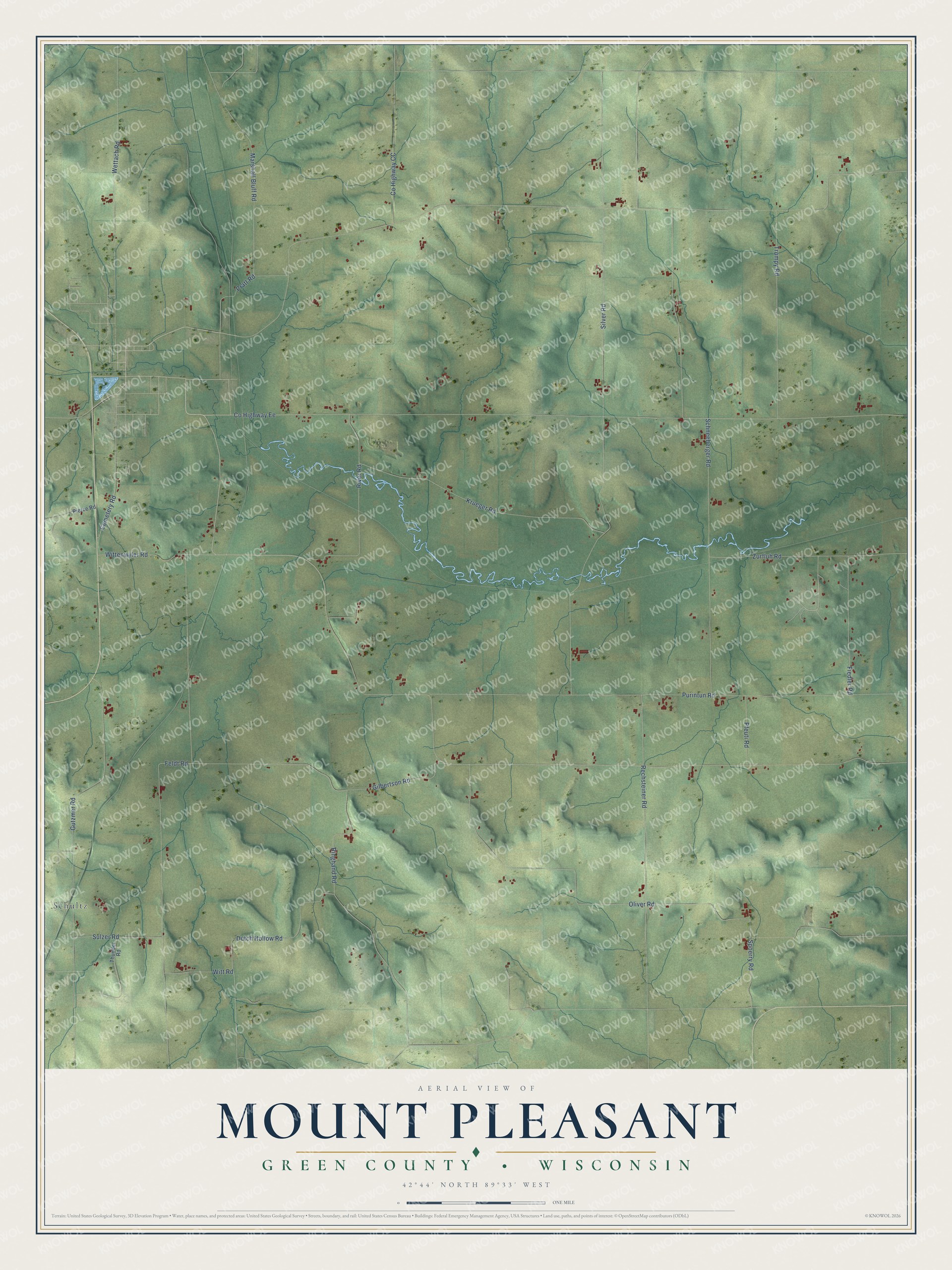 Full map of Mount Pleasant, Wisconsin, with red buildings, printed street names and the land around them