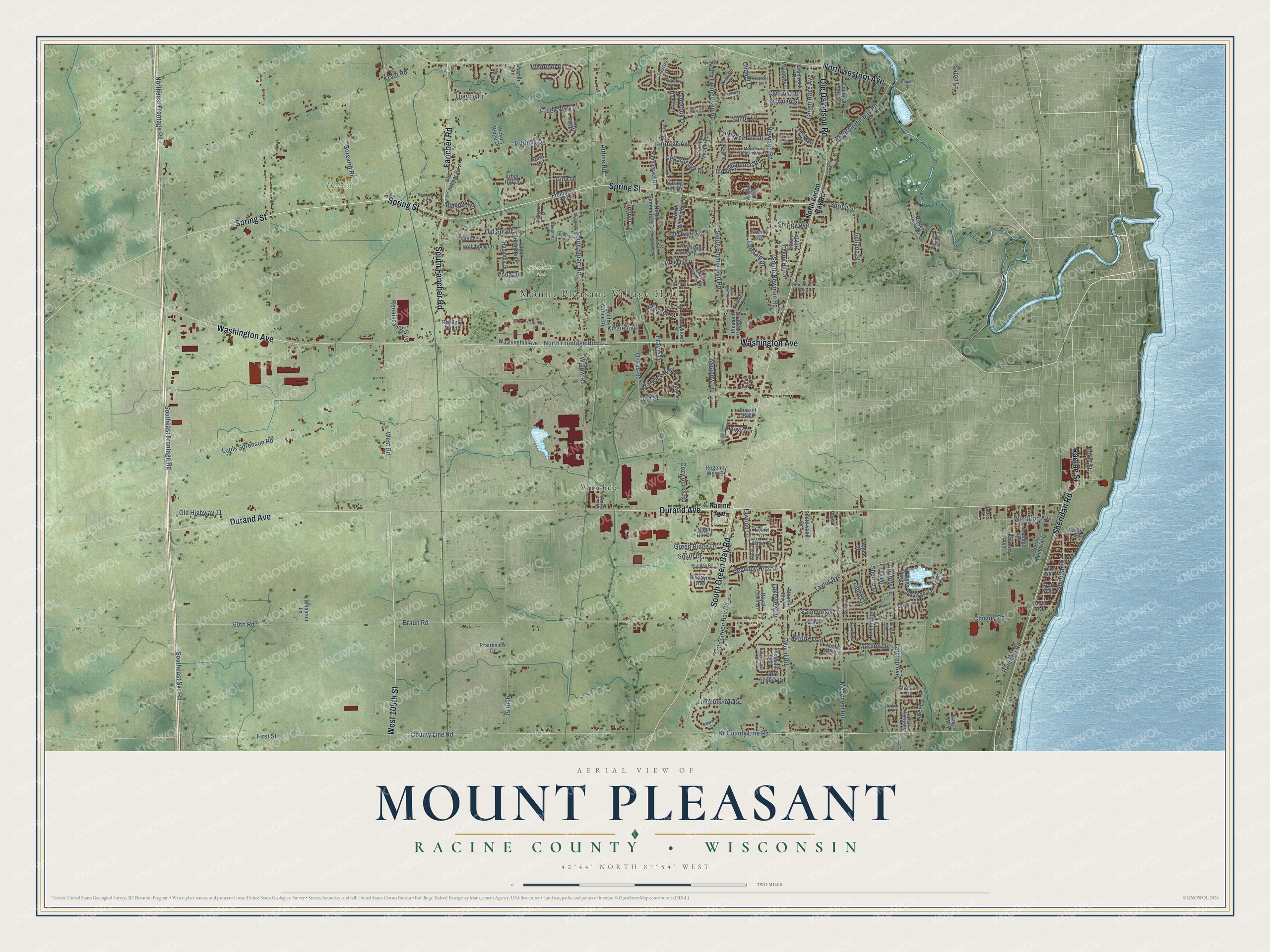 Full map of Mount Pleasant, Wisconsin, with red buildings, printed street names and the land around them