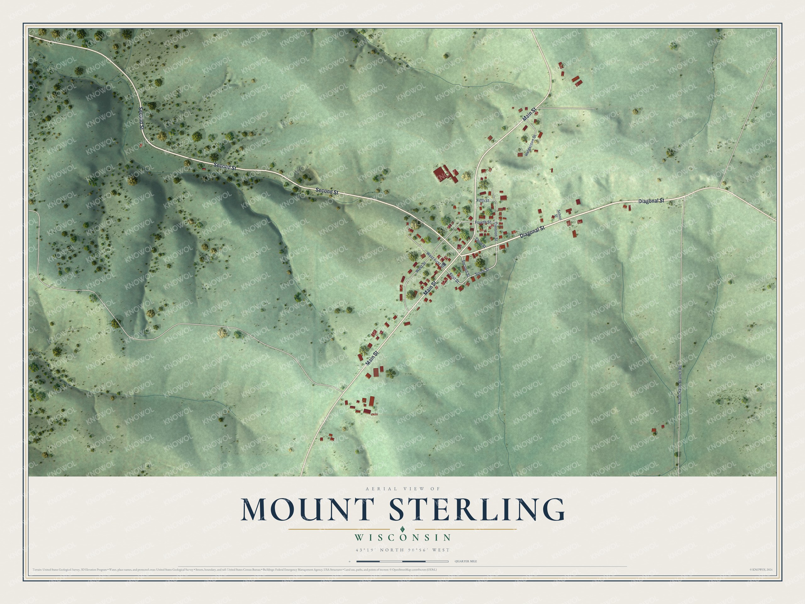 Full map of Mount Sterling, Wisconsin, with red buildings, printed street names and the land around them