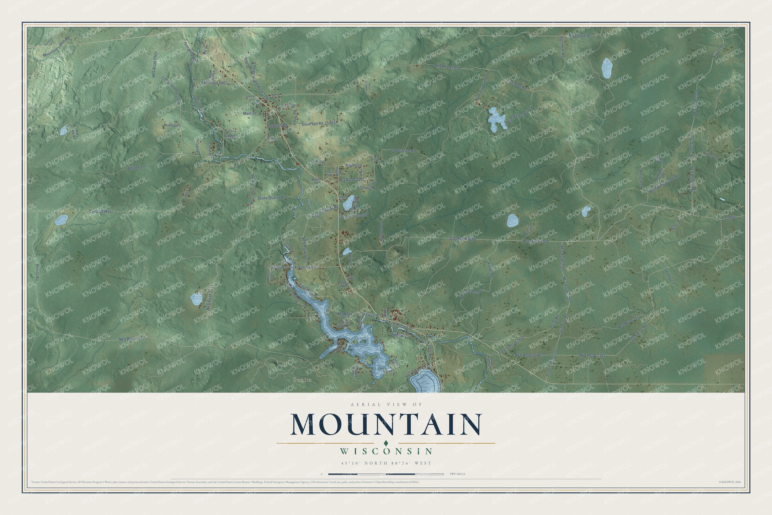 Full map of Mountain, Wisconsin, with red buildings, printed street names and the land around them