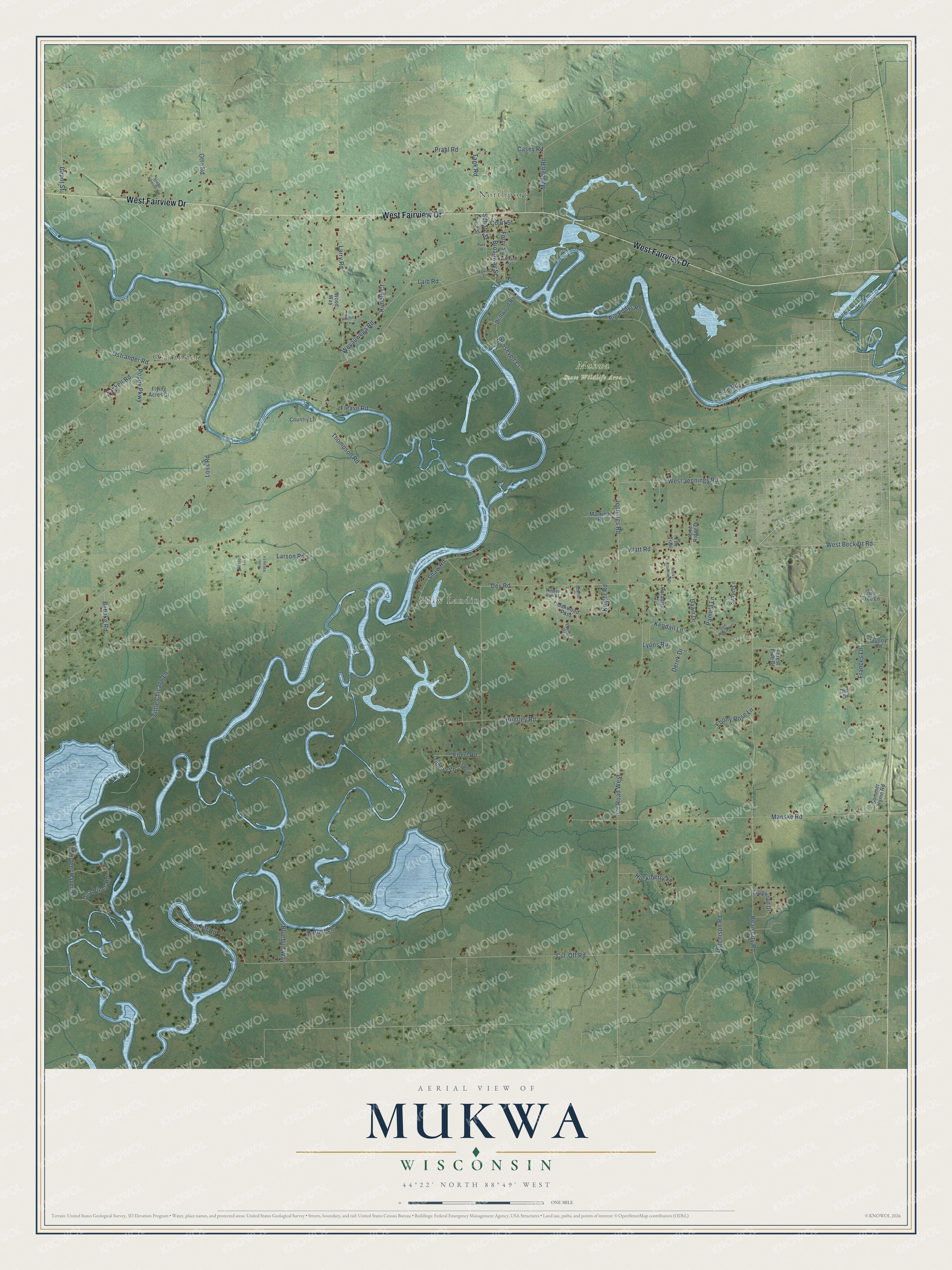 Full map of Mukwa, Wisconsin, with red buildings, printed street names and the land around them