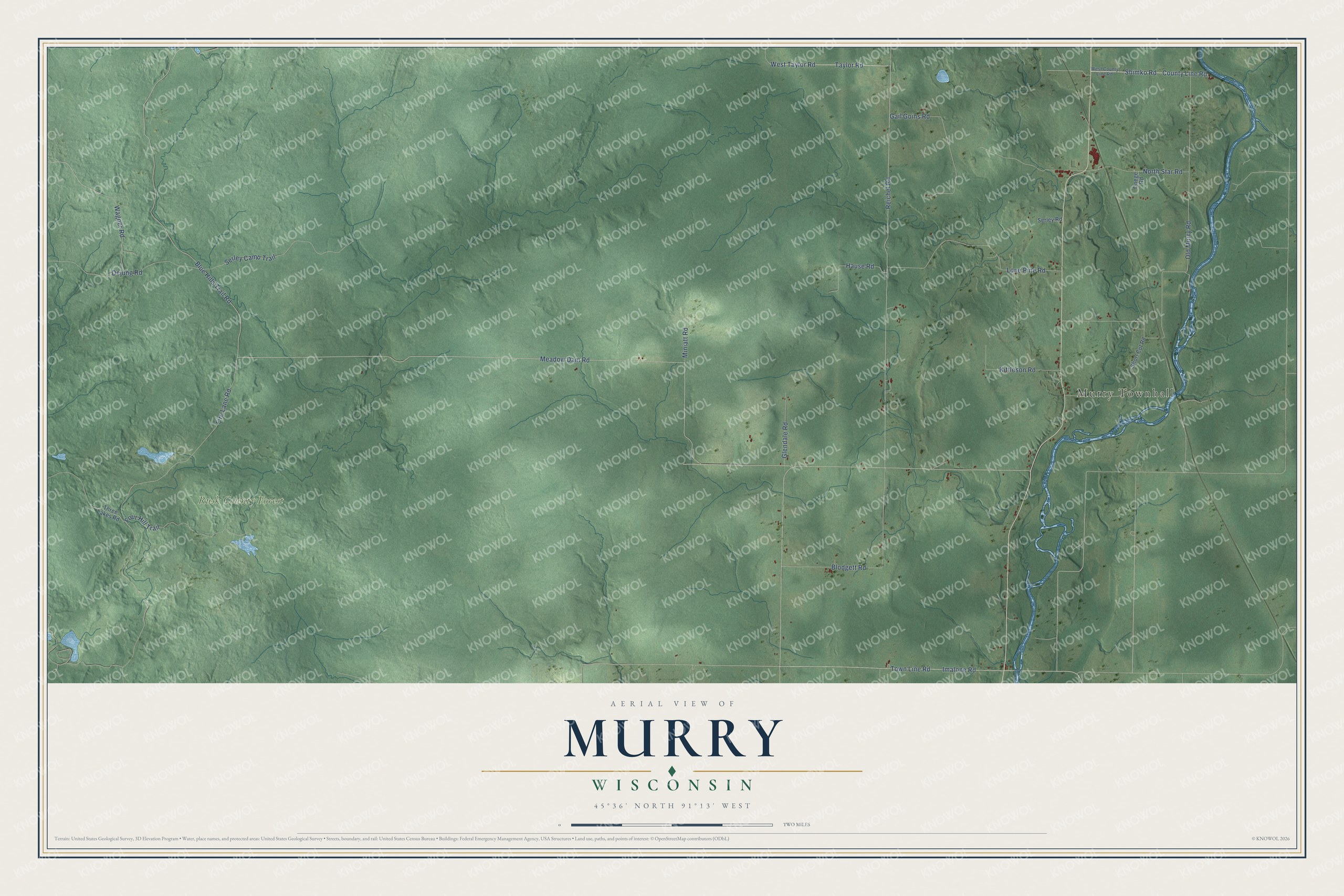 Full map of Murry, Wisconsin, with red buildings, printed street names and the land around them