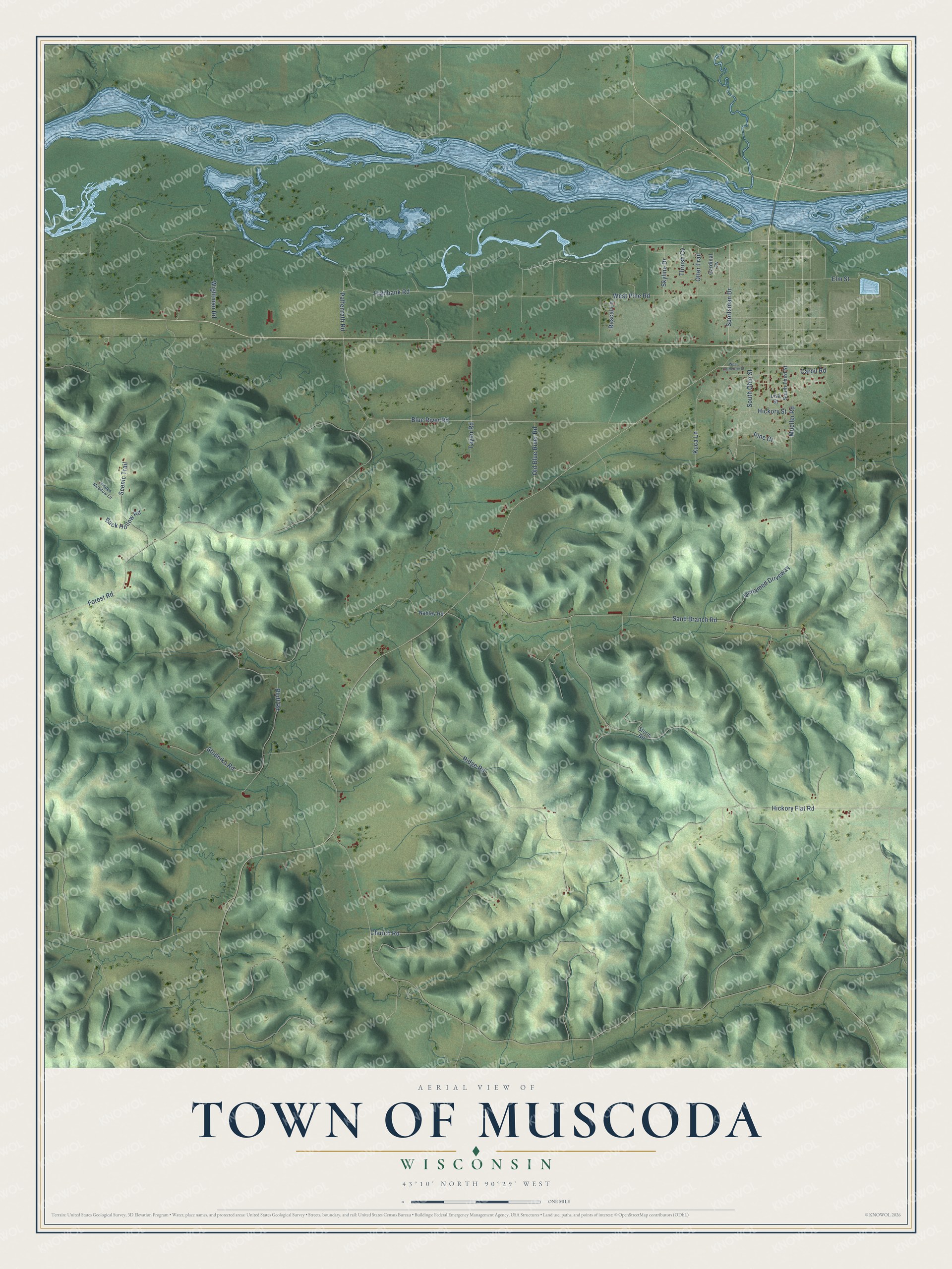 Full map of Muscoda, Wisconsin, with red buildings, printed street names and the land around them