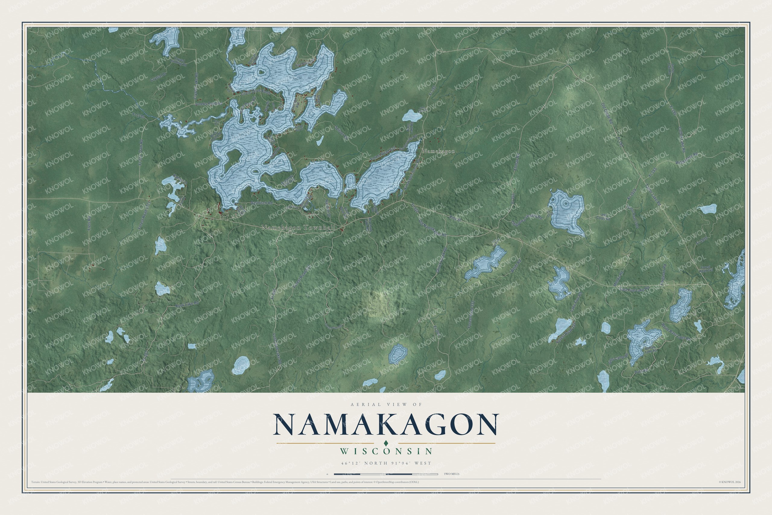 Full map of Namakagon, Wisconsin, with red buildings, printed street names and the land around them