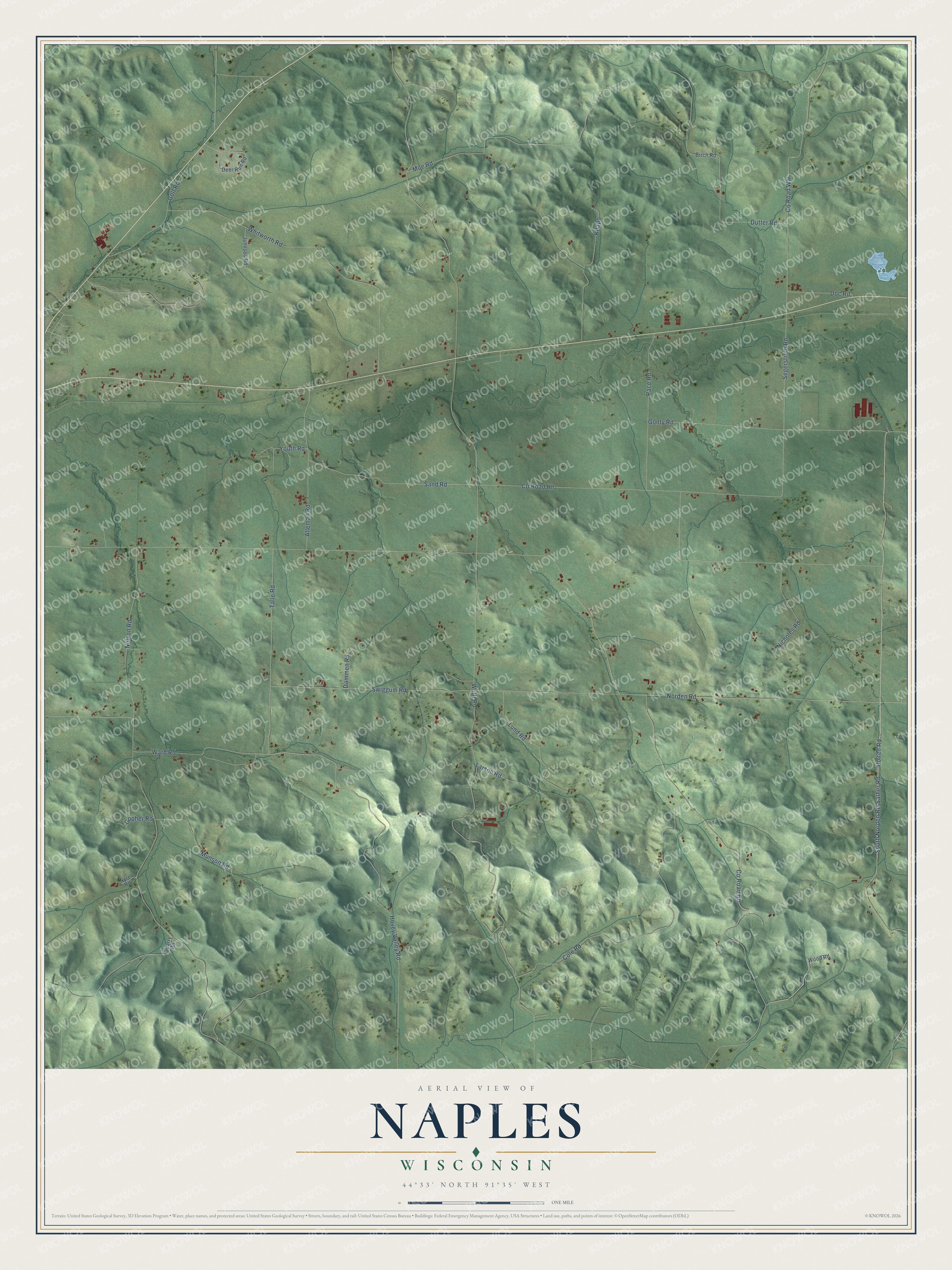 Full map of Naples, Wisconsin, with red buildings, printed street names and the land around them