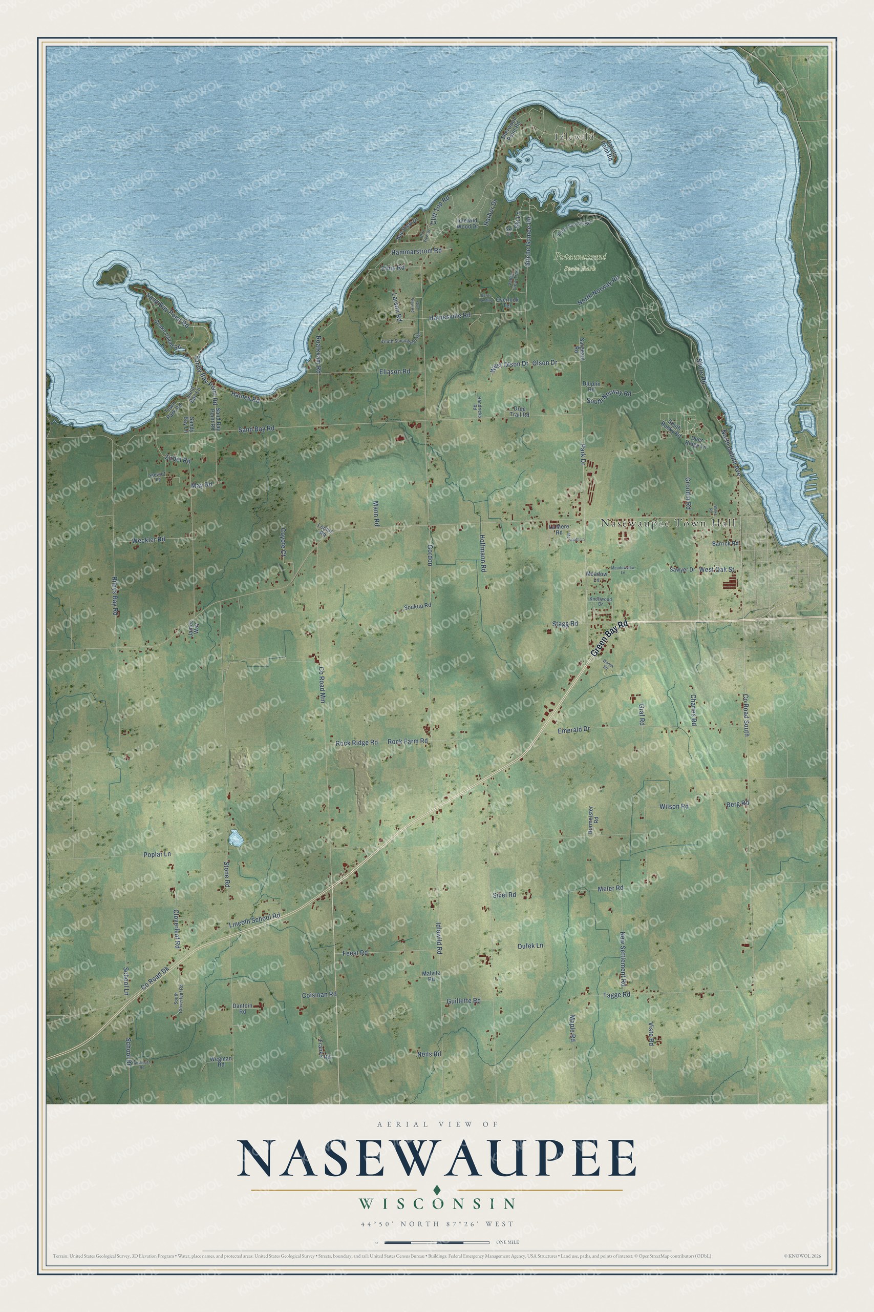 Full map of Nasewaupee, Wisconsin, with red buildings, printed street names and the land around them