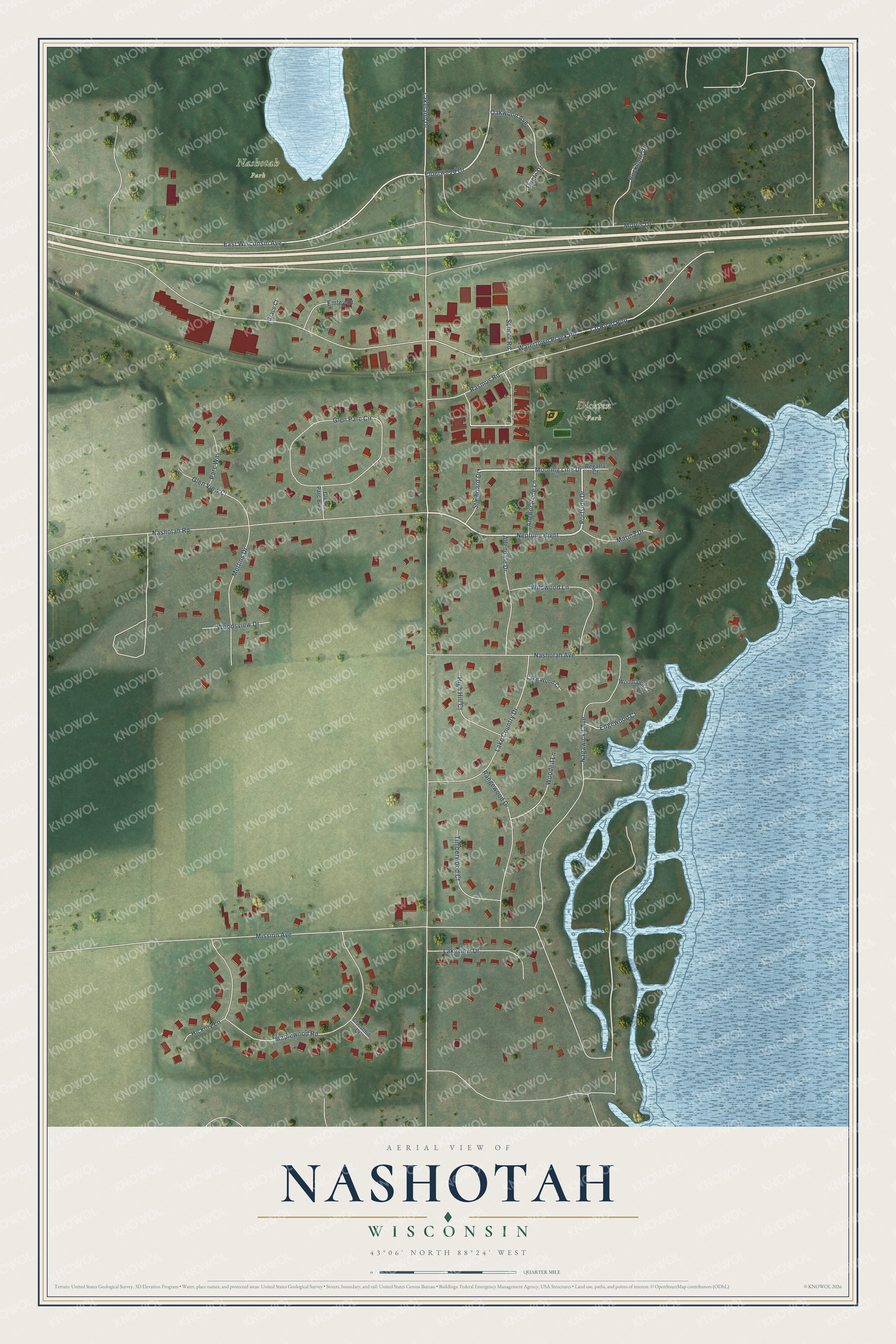 Full map of Nashotah, Wisconsin, with red buildings, printed street names and the land around them