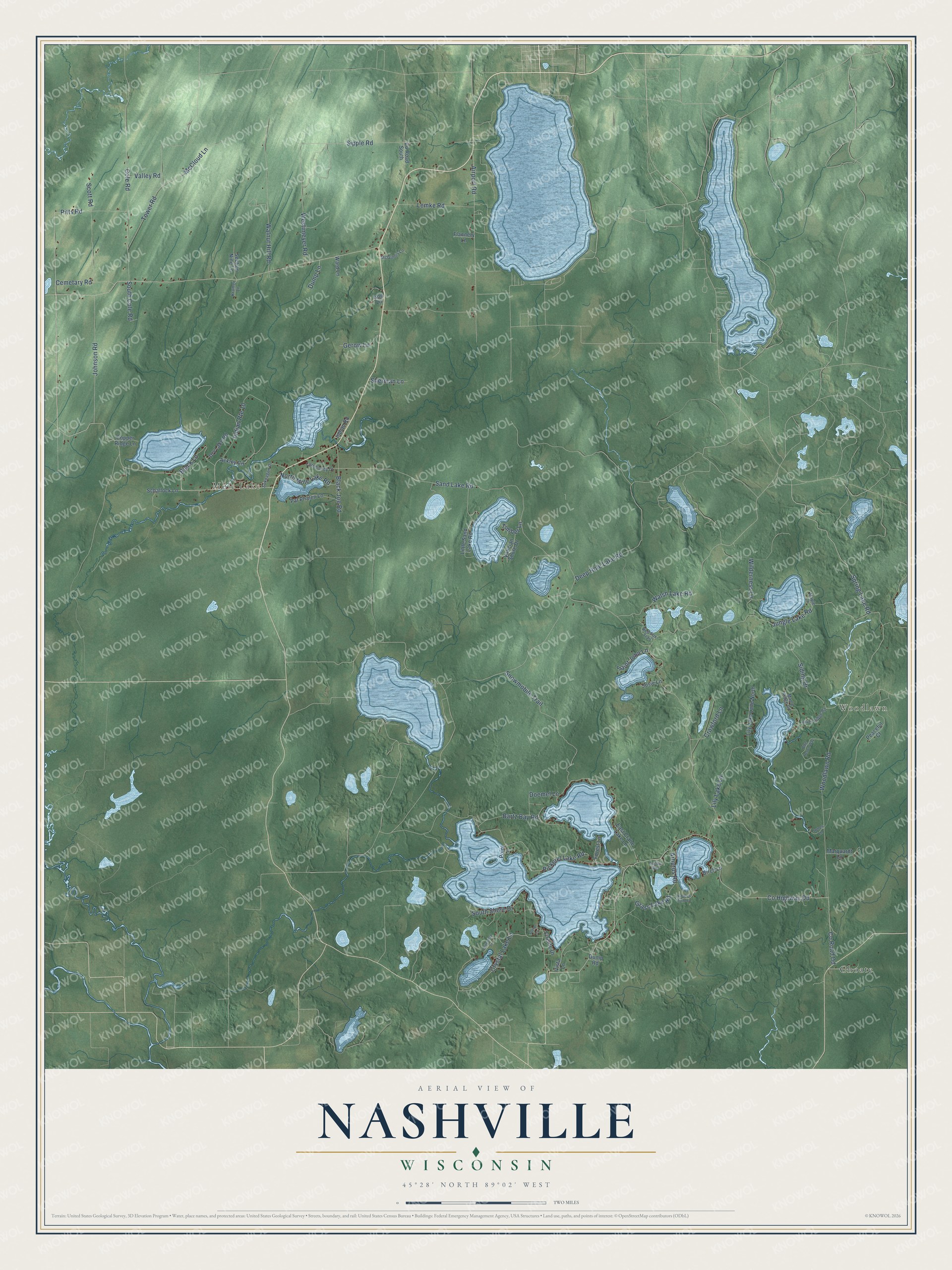 Full map of Nashville, Wisconsin, with red buildings, printed street names and the land around them