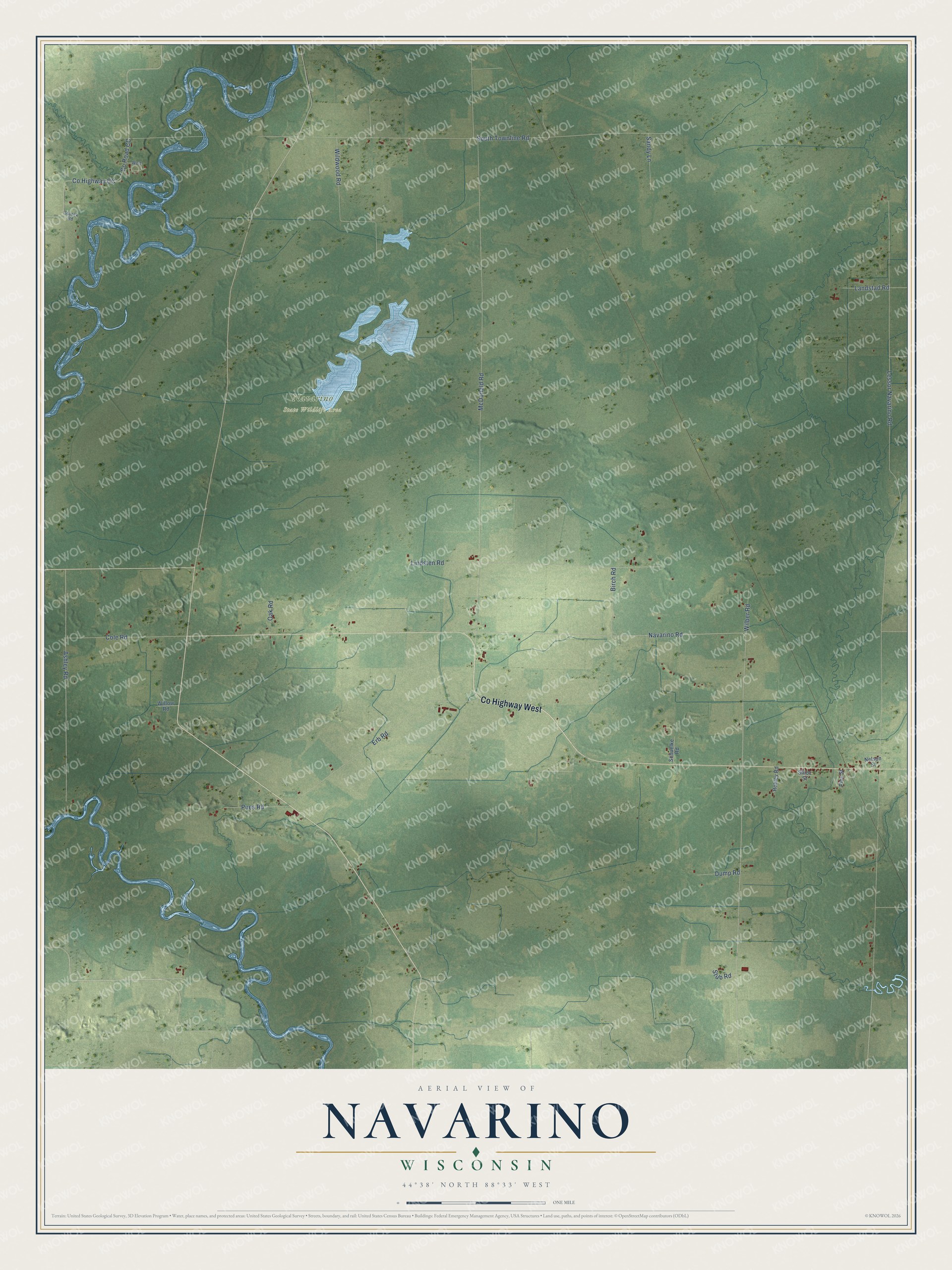 Full map of Navarino, Wisconsin, with red buildings, printed street names and the land around them